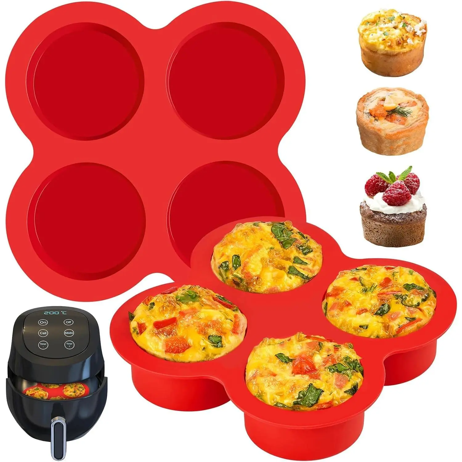 Women's Sturdy 2-PK Round Compact Silicone Air Fryer Egg Mold with Holes, 4-Cup Non-Stick Baking Pan for Egg Bites, Cupcake, Muffin