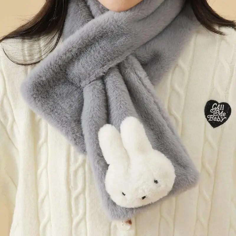 Miffy Cartoon Rabbit Plush Scarf Soft Warm Winter Cross-Over Neck Warmer Cute Short Style for Women & Teens Versatile & Cozy