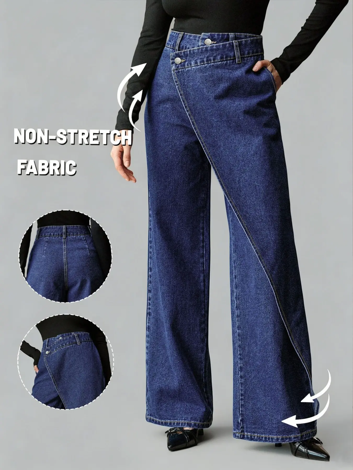 GILIPUR 1Pc Dark Blue Asymmetrical Cross Waist Double Button Wide Leg Jeans, Non-Stretch High Waist Floor Length Denim Pants For Women Casual Daily Outfits TChic