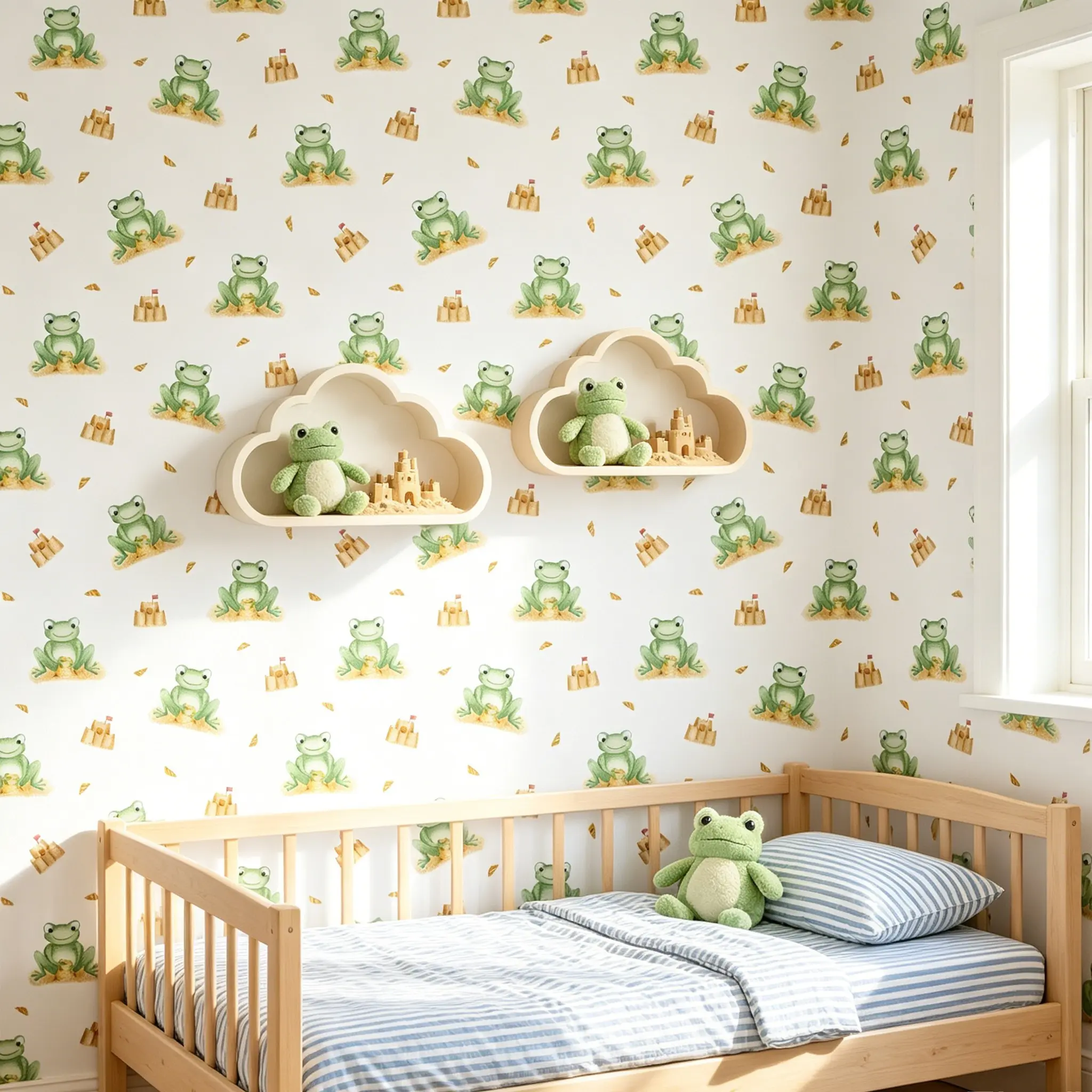 1 Roll 44.5cm/17.5in Width Watercolor Frog Sand Castle Wall Decal, Self Adhesive Cute Nursery Style Wallpaper, Waterproof Wipe Clean Decorative Wall Sticker, Easy to Cut Install Wall Decor for Kids Bedroom Playroom Baby Room Cabinet Home Decor