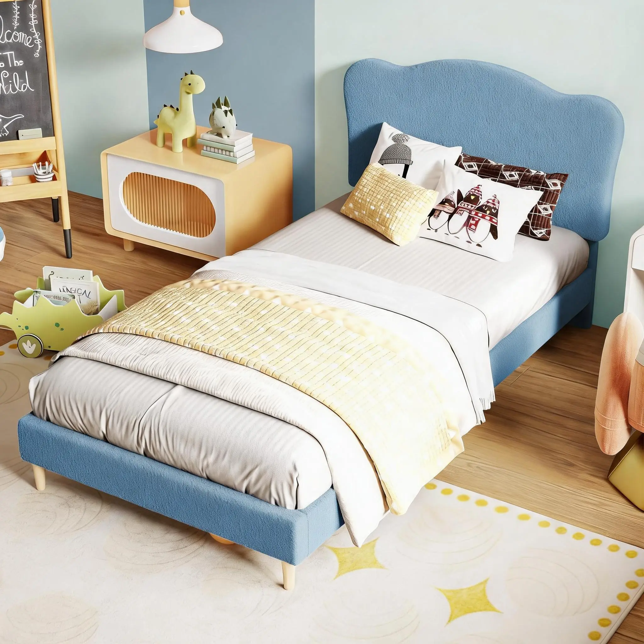 Adjustable Cute Boucle Headboard Kids Bed Frame – Twin Upholstered Platform – Wooden Slats, No Box Spring, Noise-Free, Easy Assembly, Girls & Boys Bedroom Furniture