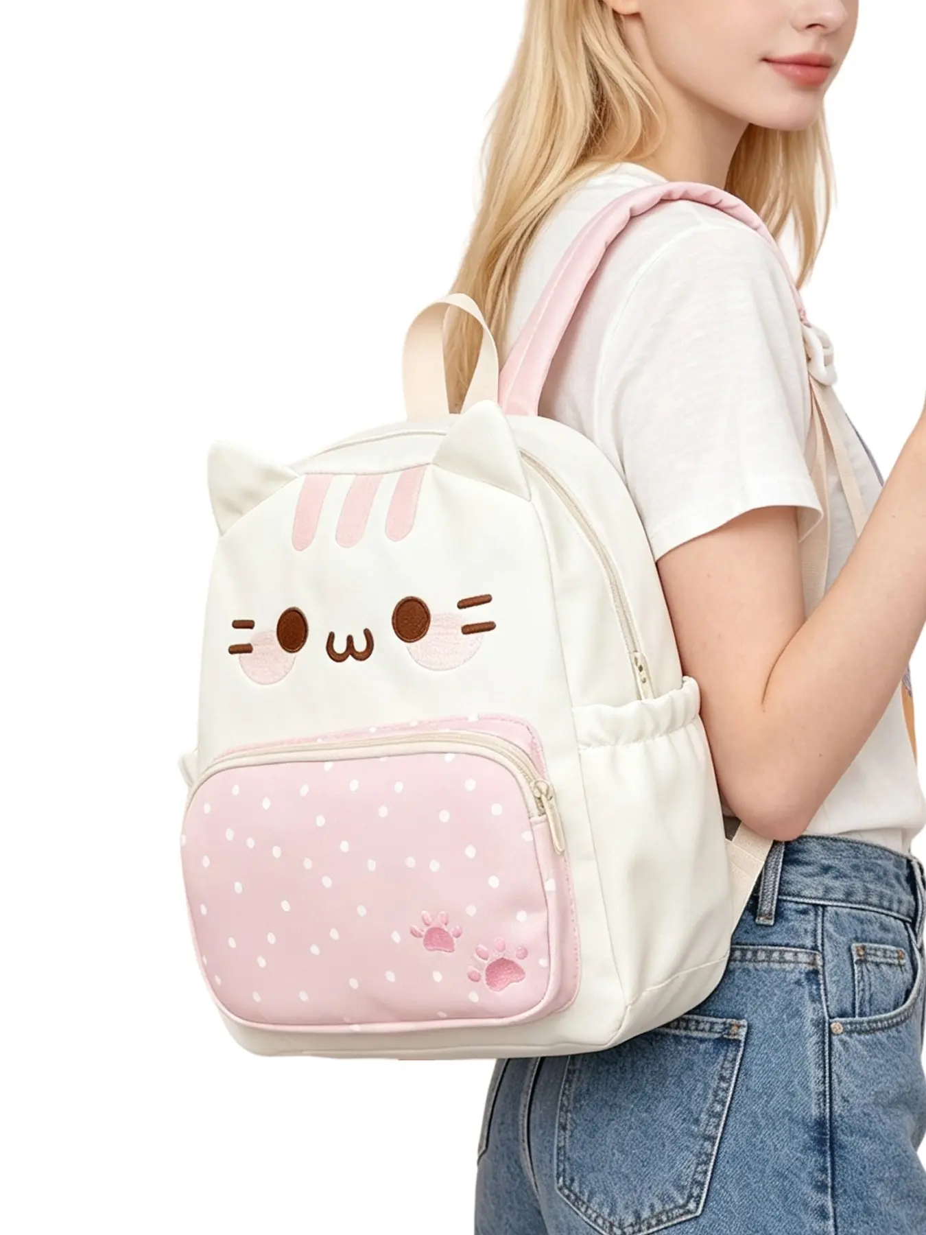 Cute Cat Backpack for Women, Cartoon Embroidery Casual Fashion Travel Bag, Embroidered Backpack, Large Capacity, Fits Tablet, A4 Books, Umbrella, Water Bottle, Birthday Gift