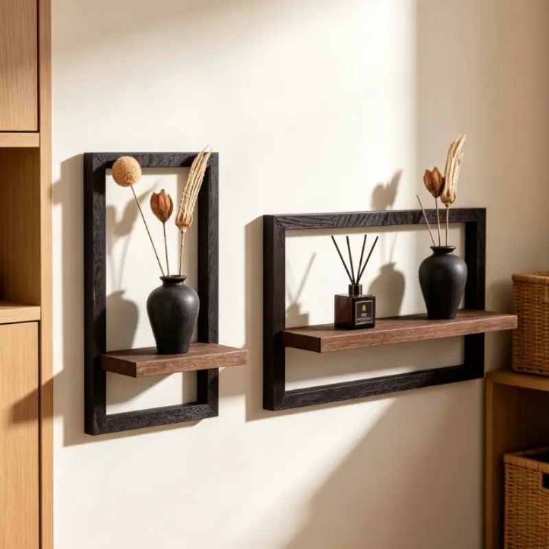 Minimalist Wall-Mounted Wooden Shelf, Vintage Frame Design, Durable for Living Room, Study, Bathroom, Small Apartments, Essential Wall Storage
