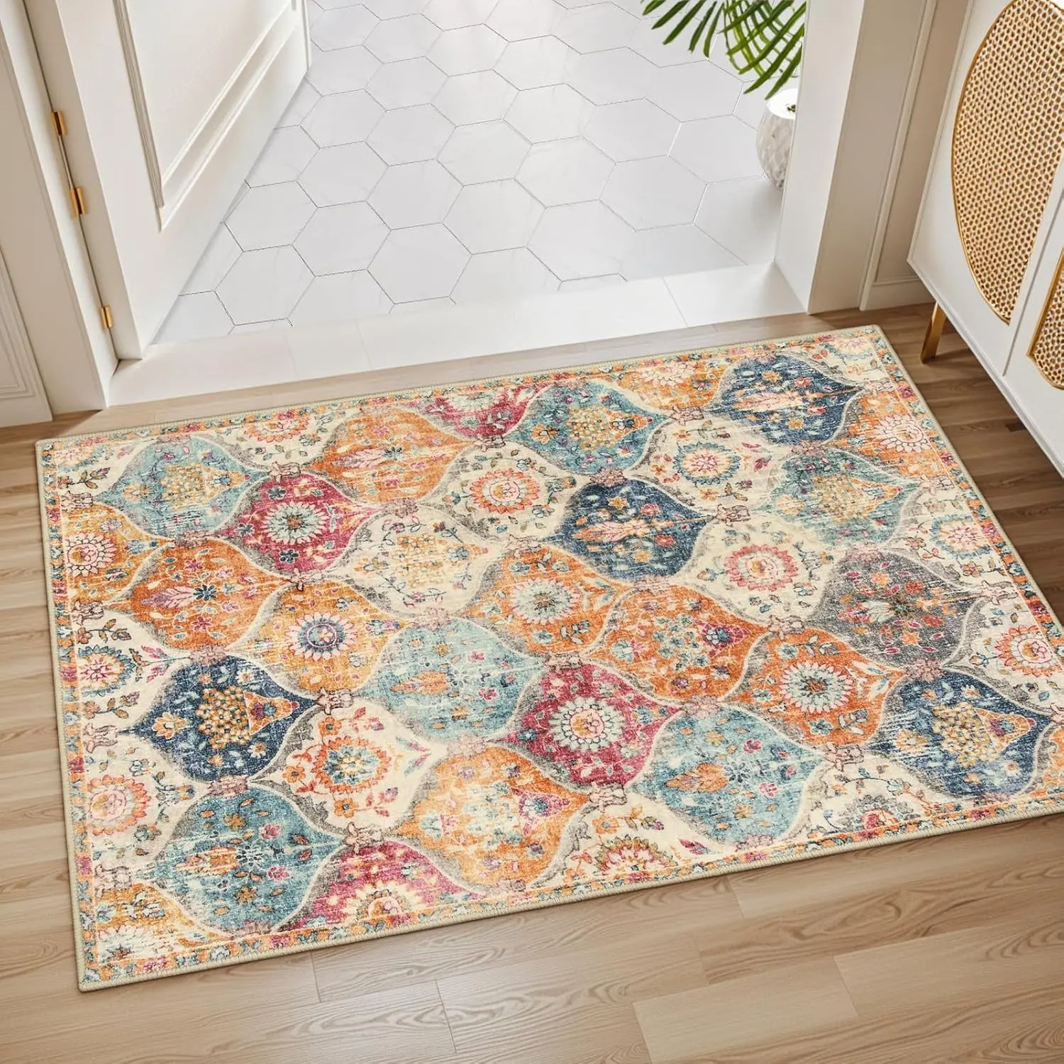 Moroccan Trellis Rug 24x35 Inch, Non Slip Washable Floor Carpet, Ultra Thin Low Pile Area Rug for Kitchen Entryway Bathroom Bedroom Apartment