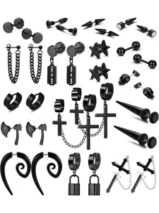 16 Pairs Stainless Steel Y2K Punk Earrings Black for Men Women Mens Earrings Skull Cool Emo Goth Chains Jewelry Piercing Dangle Hoop Earrings Stud Set