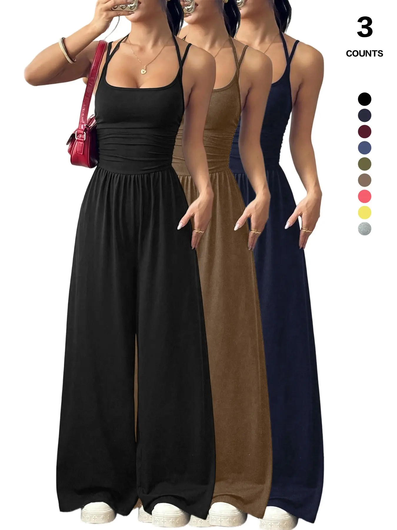 Women's Casual Palazzo Wide-Leg Jumpsuits, Sleeveless Spaghetti Strap Square Neck High-Waist Jumpsuit, Loose Lounge Clothes, Chic Fit Elegance Womenswear