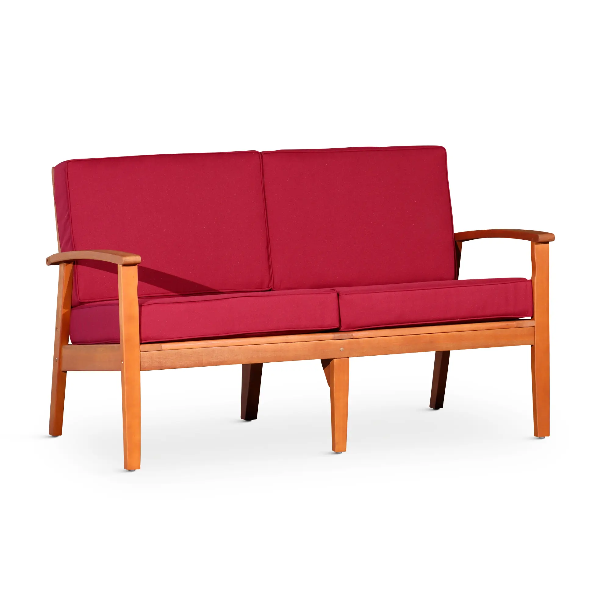 Nokaa Eucalyptus Loveseat with Cushions Natural Oil Burgundy 2-Seater Indoor Outdoor Patio Sofa FSC Certified Weather Resistant Multiple Finish Options