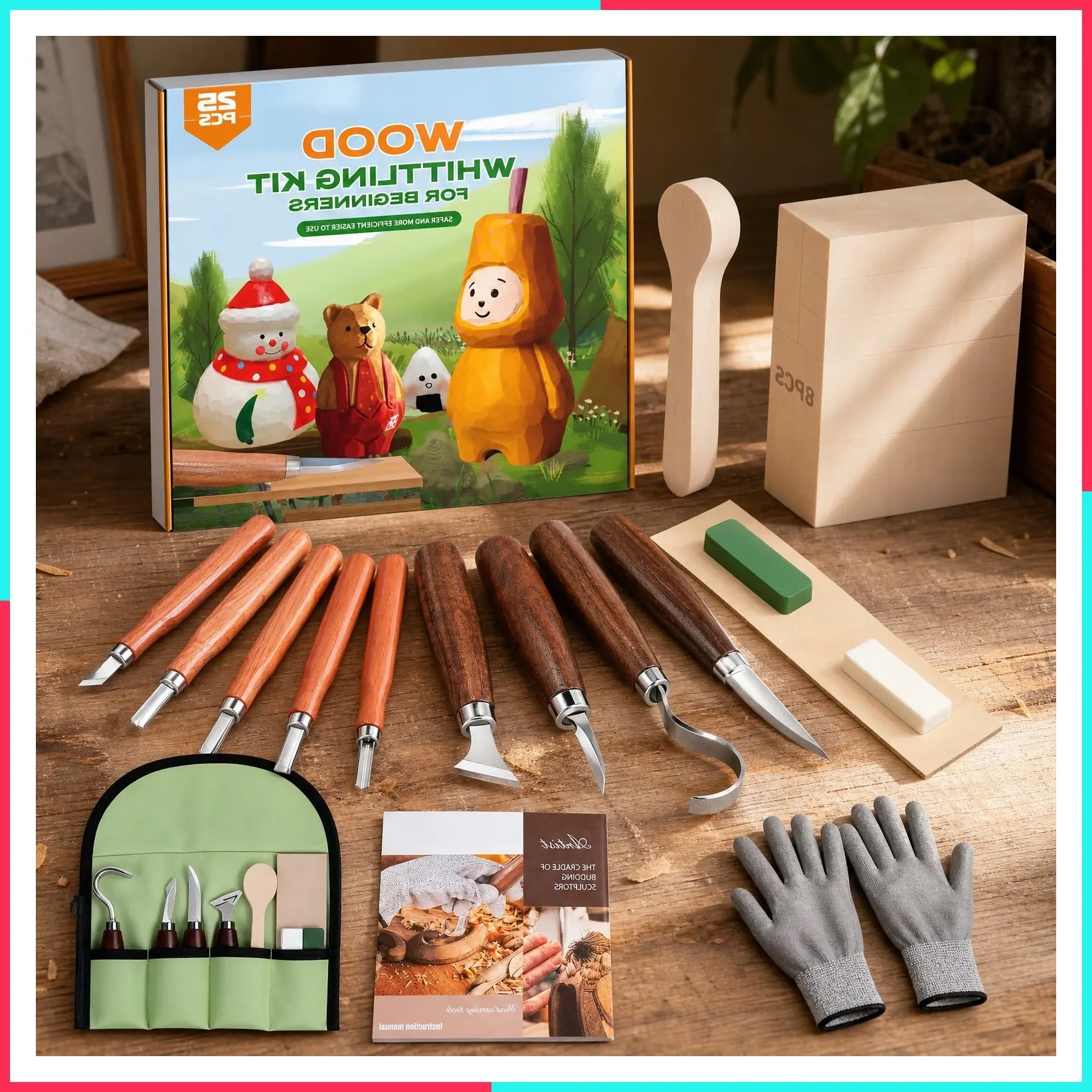 Complete Wood Whittling Kit for Beginners with 4 Wood Carving Knives & 8 Basswood Blocks – Carving Tools Set for Adults and Kids
