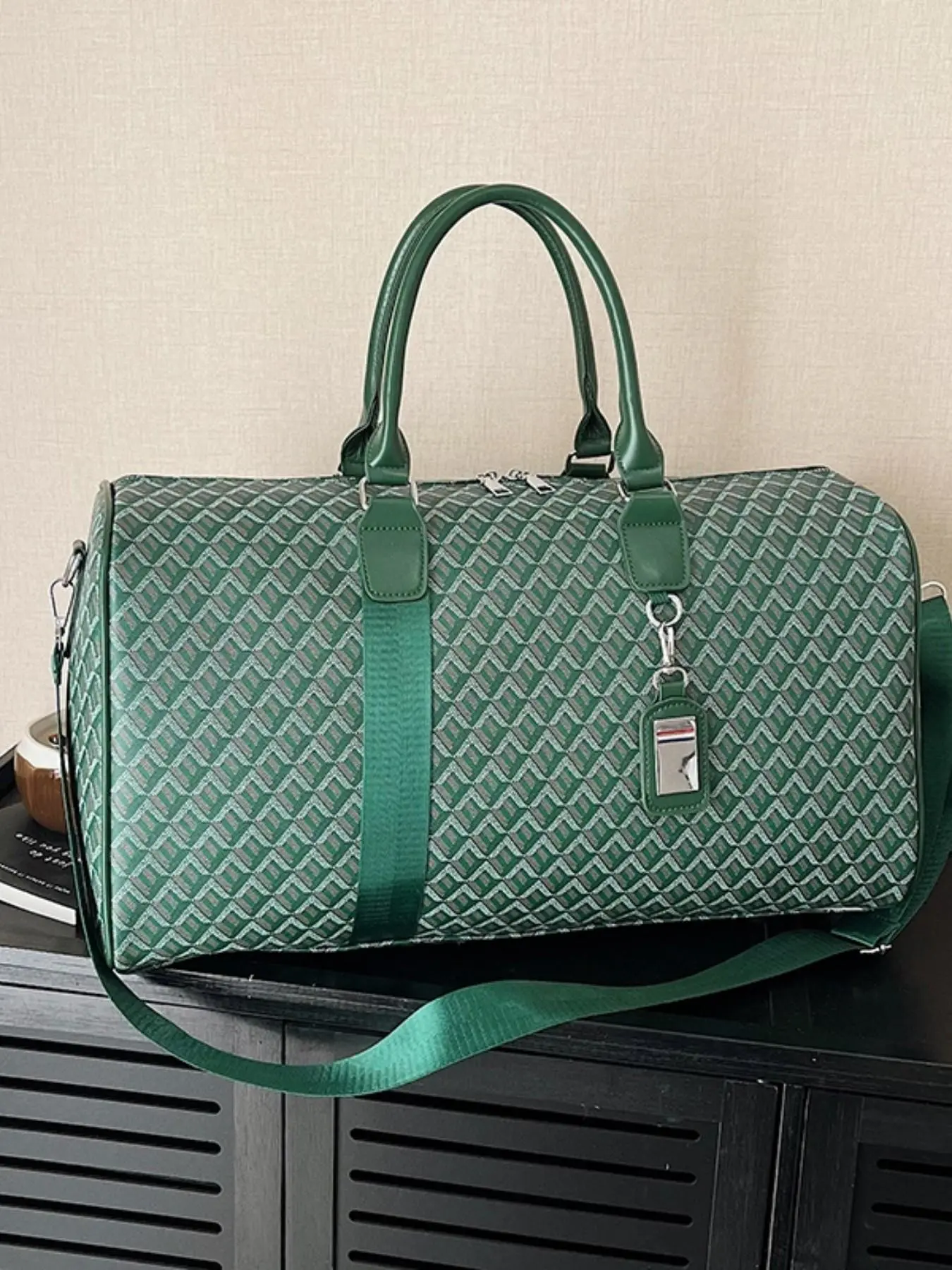 Christmas Travel Essential, Vintage Green Geometric Jacquard Large Capacity Duffle Bag, Colorblock Leather Handle, Detachable Shoulder Strap