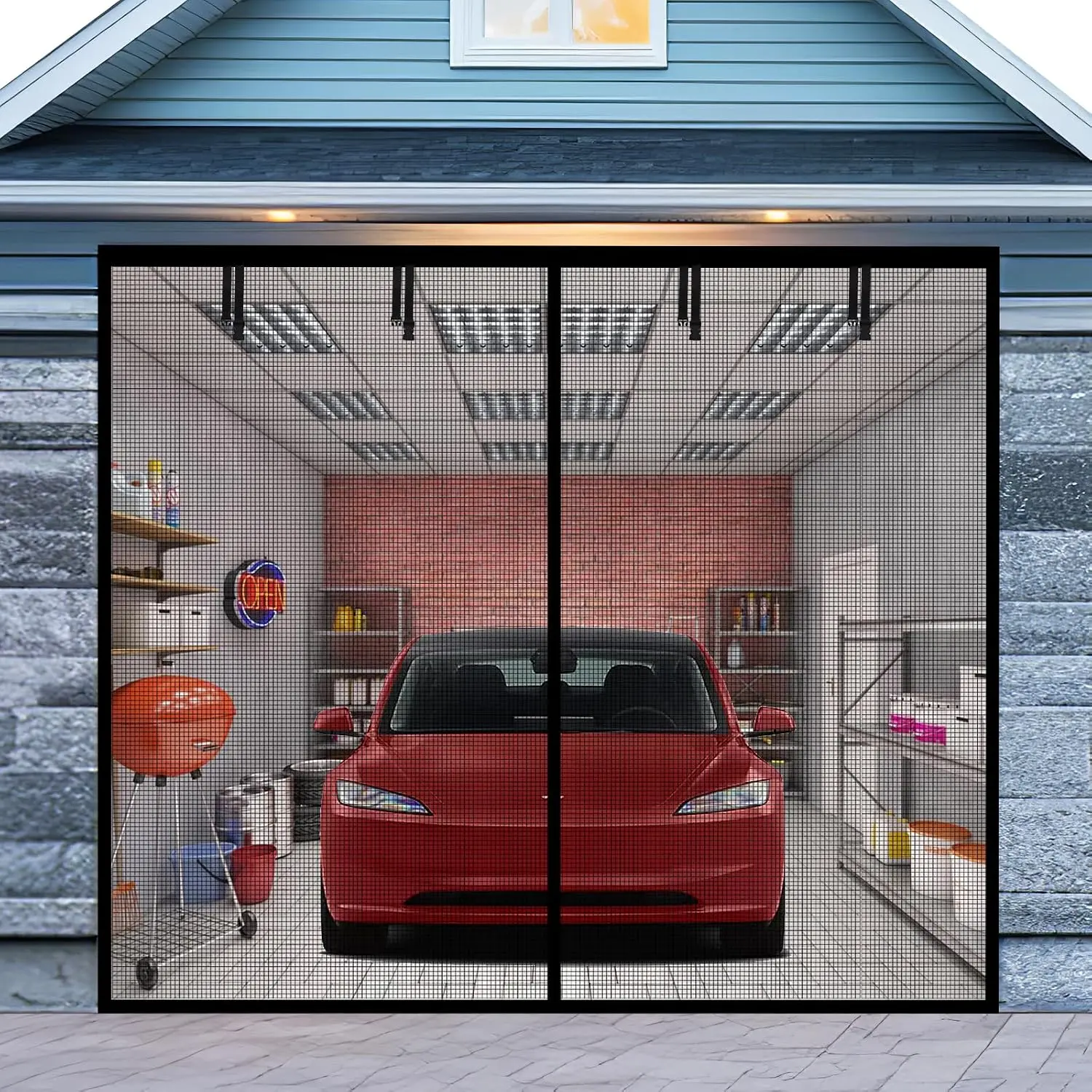 Garage Door Screen for 1  Garage 8x7FT,  Screen Garage with Retractable Fiberglass Mesh and Heavy Duty Weighted Bottom, Easy Assembly & Pass, Hands Free Screen Door Kit