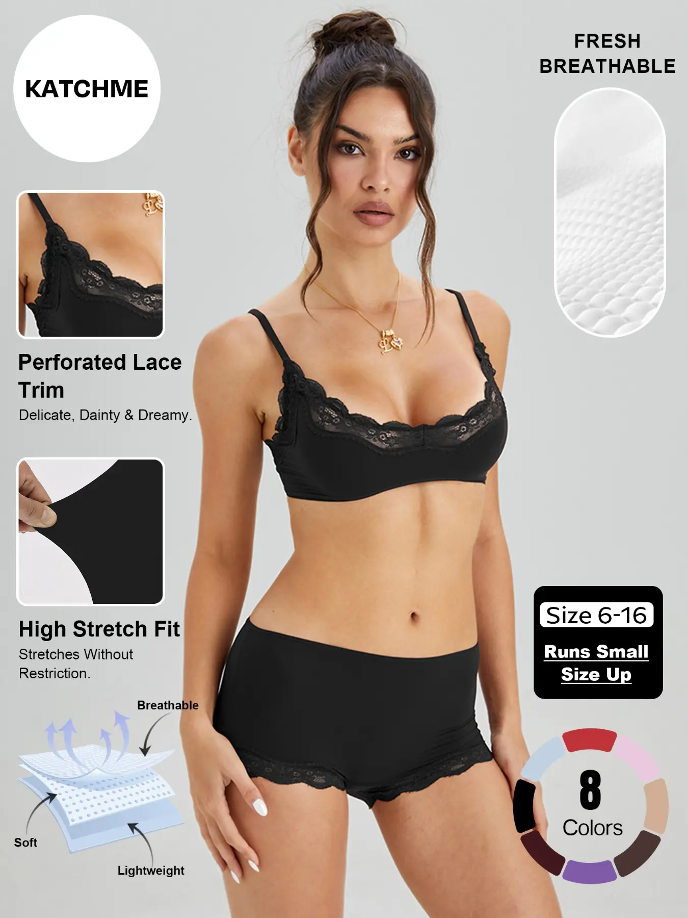 Women's Lace-Trim Bralette & Low-Rise Panty Set, Solid Color Slightly Sheer Lingerie & Underwear Set, Seamless Breathable Sweat-Wicking Stretch For Everyday Comfort