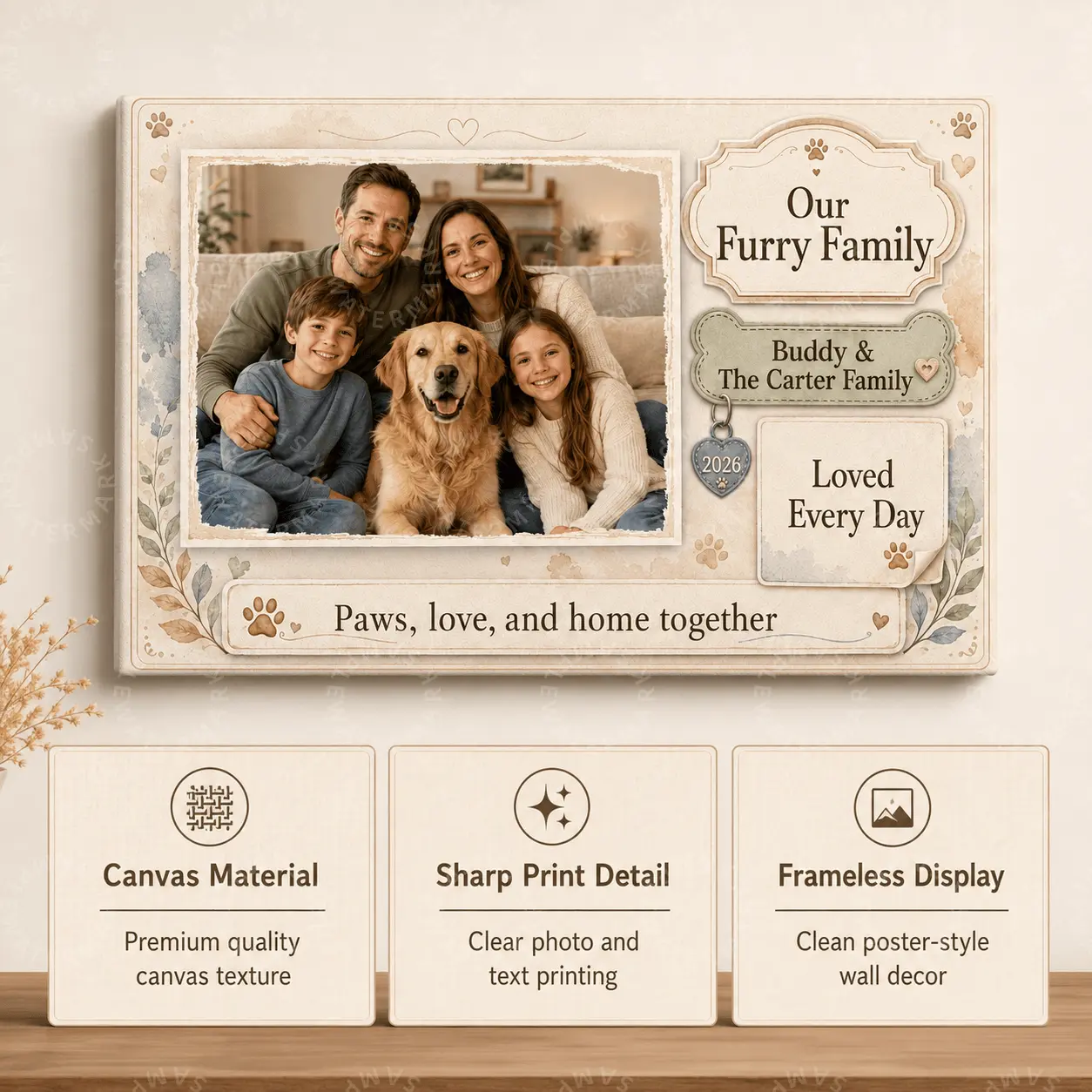 Personalized Pet Family Photo Canvas, Custom Dog Name Family Name Date Message Wall Art, Neutral Rustic Aesthetic Poster for Living Room Bedroom Decor, Pet Lover Gift, Family Keepsake Home Decor