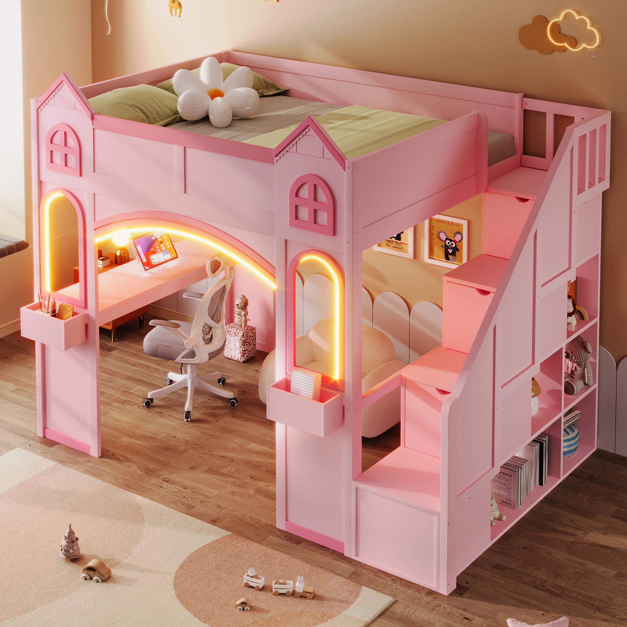 Full Size Loft Bed Frame with Storage Staircase and LED Light, Wood Castle Full Loft Bed Frame with Desk, Windows & Shelves for Kids, Teens, Boys or Girls, Montessori Bed, Pink