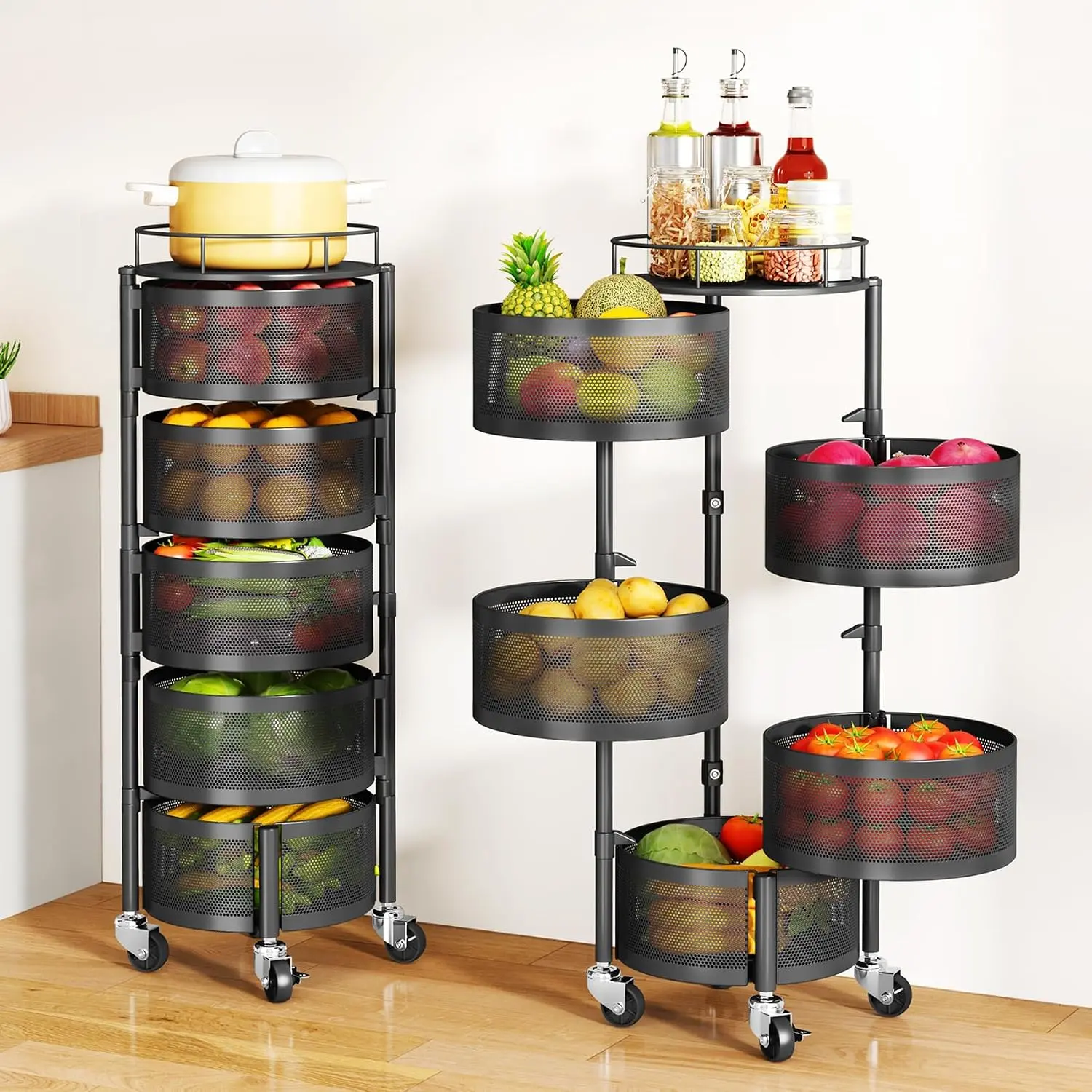 5 Tier Fruit Vegetable Basket Stand for Kitchen, Rotating, Black | Rolling Storage Cart with top lid, Large Metal Wire Rack for Potato and Onion Storage