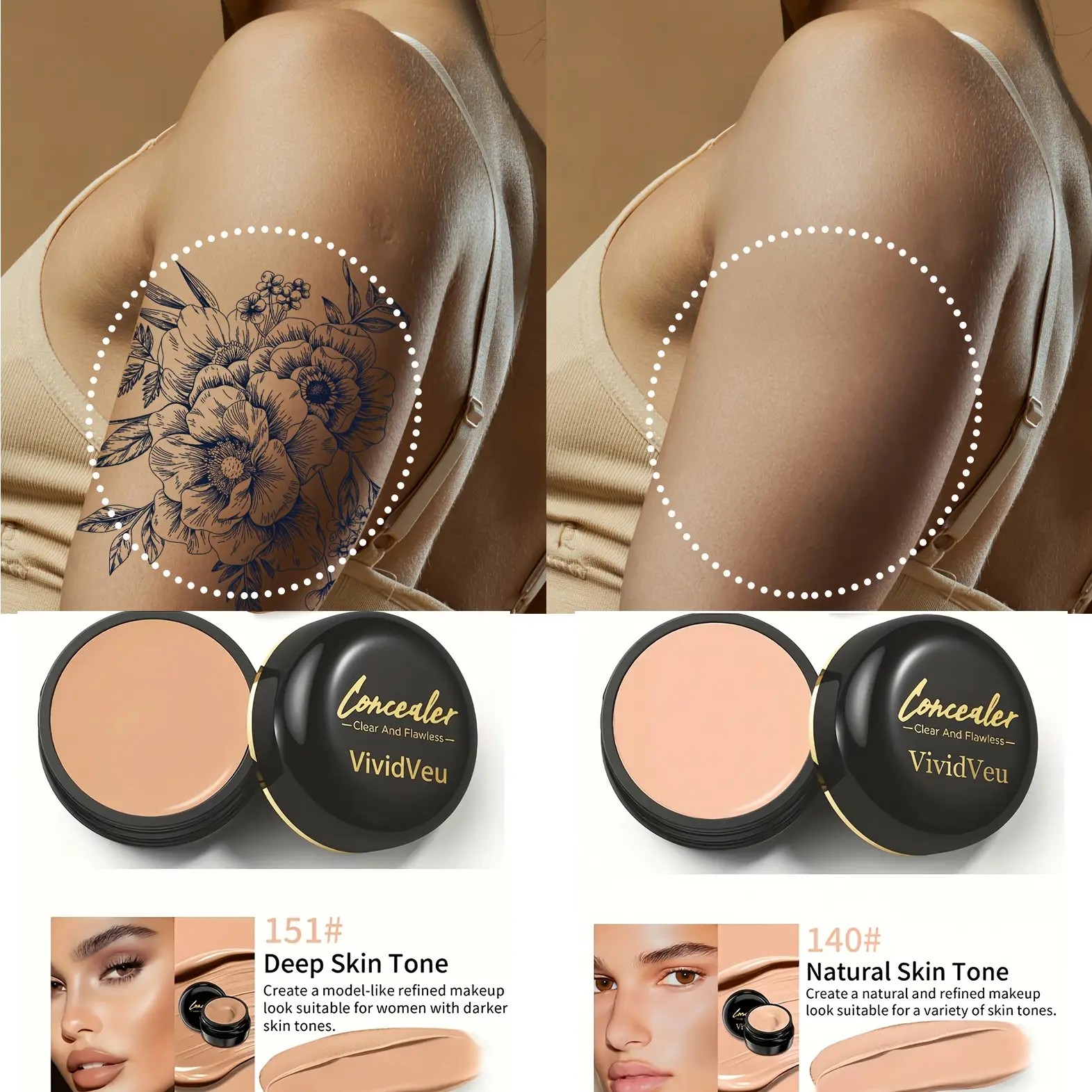 VIVIDVEU Concealer Balm, Full Coverage Cream for a Flawless Matte Finish, Buildable & Easy to Blend, Waterproof Cosmetic Compact for All Skin Types