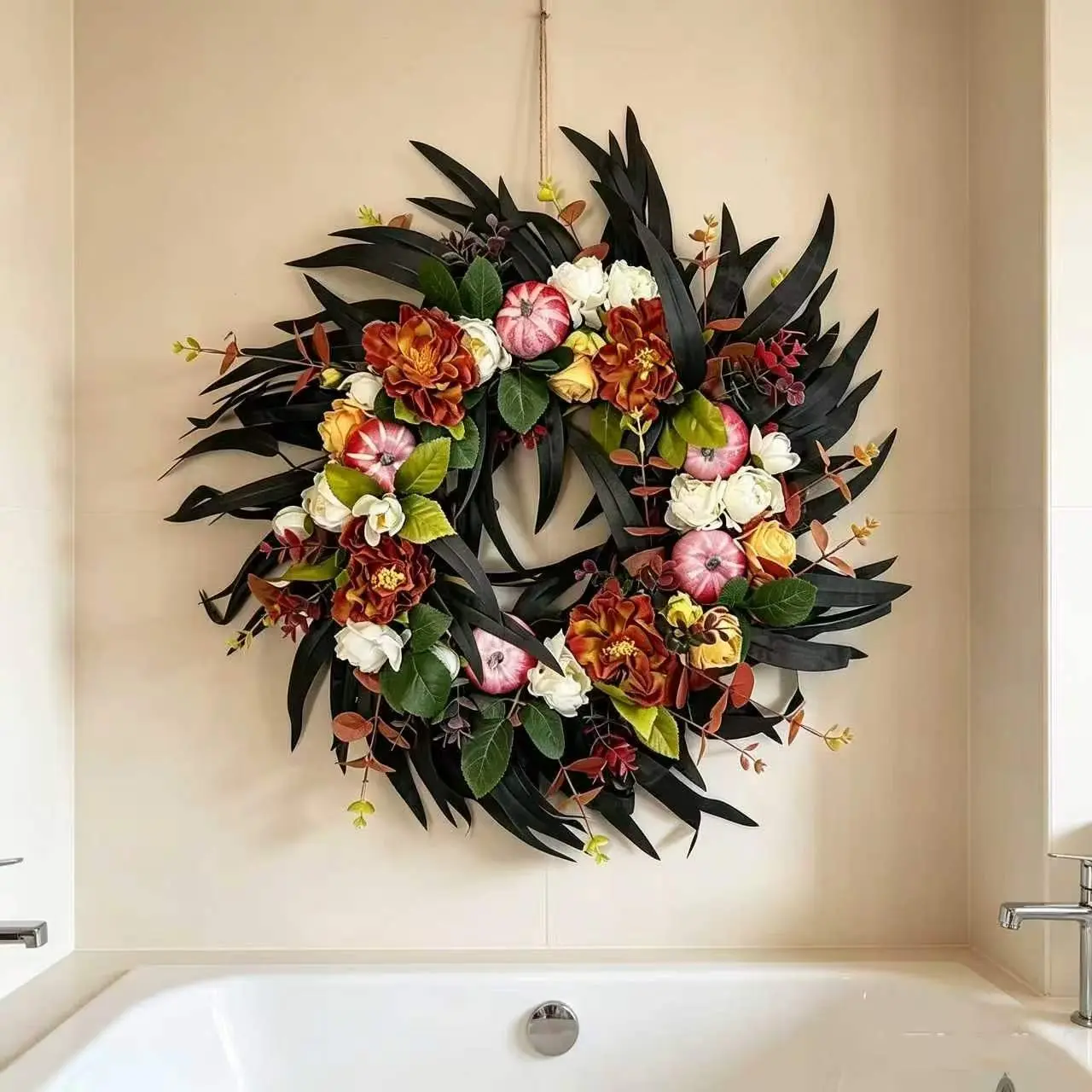 Gothic Halloween Fall Wreath, Pumpkin, Peony, Leaves, Ideal for Front Door, Porch, Wall Decor, Spooky Festival Atmosphere, Farmhouse Style