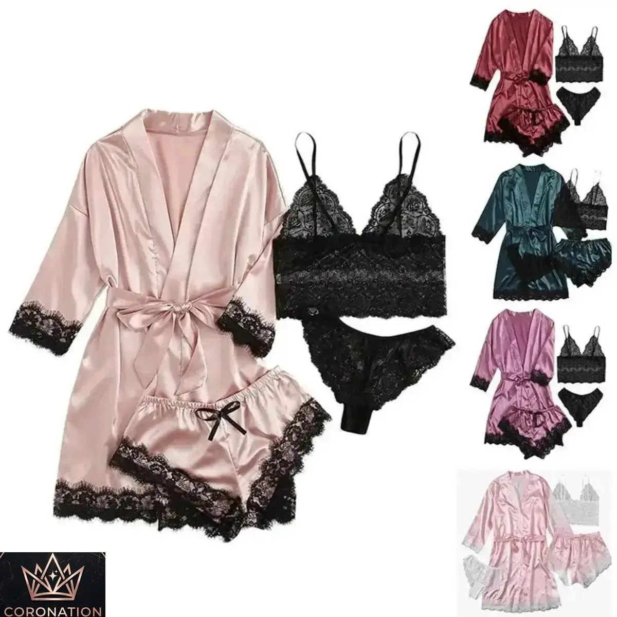 Women’s Lace Pajama Set 4 Piece, Floral Cami Top Robe & Shorts Sleepwear, Aesthetic Cozy Lounge Outfit with Soft Lightweight Fabric, Cute Matching Nightwear for Home Relaxing, Bedroom, Vacation & Gifts for Women
