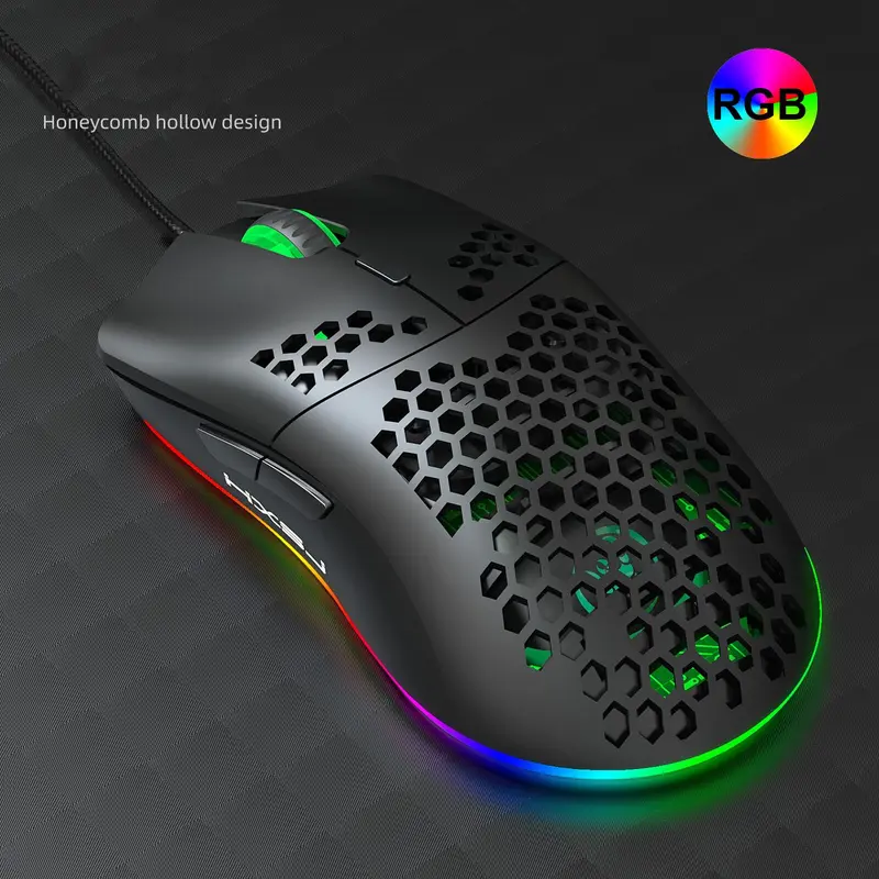 HXSJ Wired Gaming Mouse, Honeycomb Design RGB Light-emitting 6400DPI Game Mouse, 6 Keys Ergonomic Ultralight Wired Mouse for Gaming, Office, Home, Computer Peripherals, Gaming Accessory