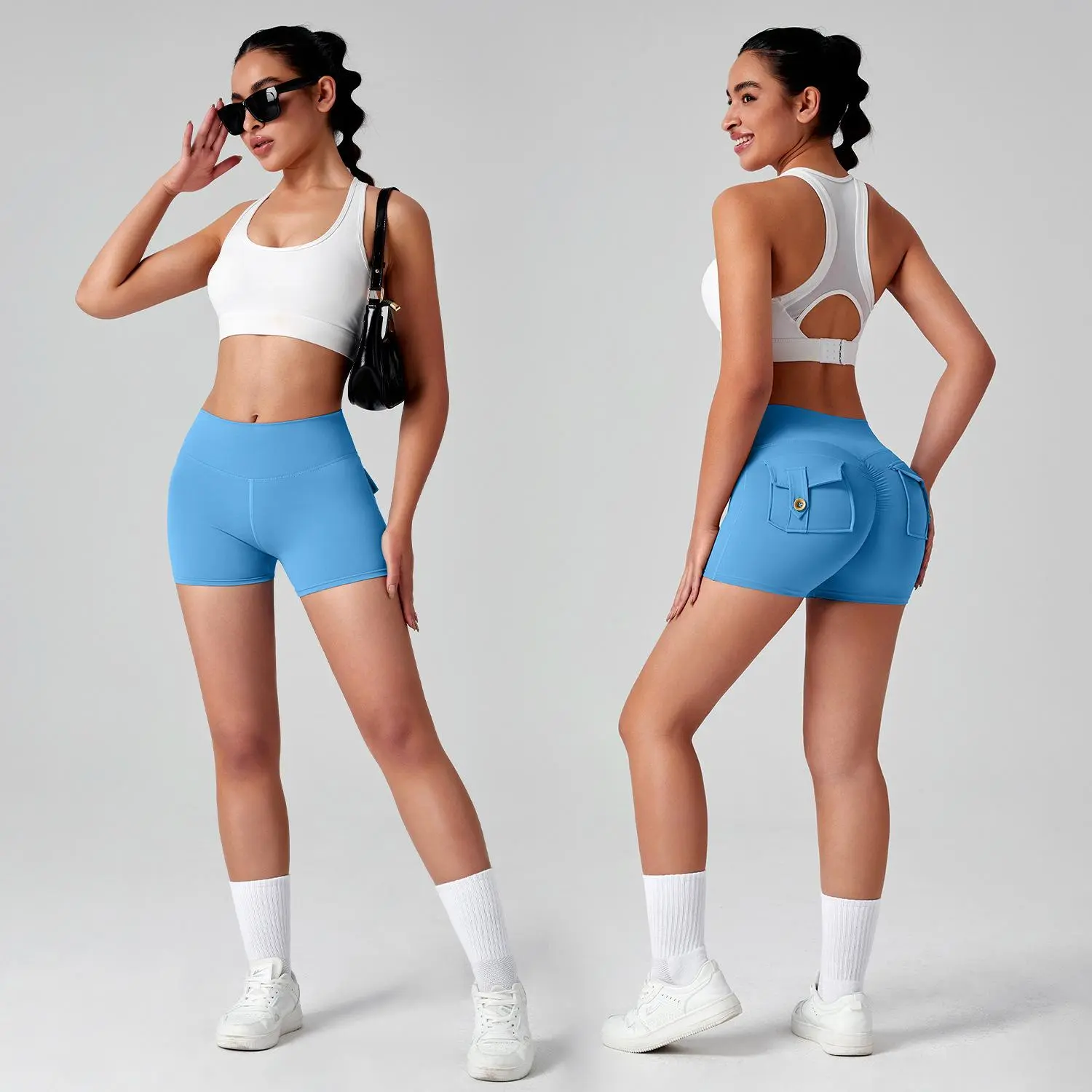 Naked Feel High Stretch Quick Dry Cargo Workout Shorts for Women, High Waist Pocket Yoga Shorts, Peach Booty 3 Inch Fitness Shorts for Running Training