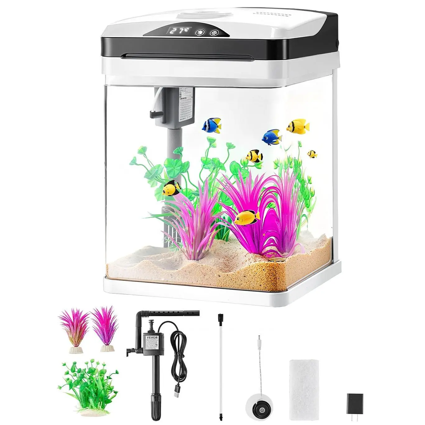 VEVOR Fish Tank Aquarium, 2 Gallon LED Square Ultra-Clear Glass Tank Temperature Monitoring Adjustable 7 Color Lighting, Self Cleaning System Fishbowl for Freshwater Saltwater Fish Home, Office, Pet