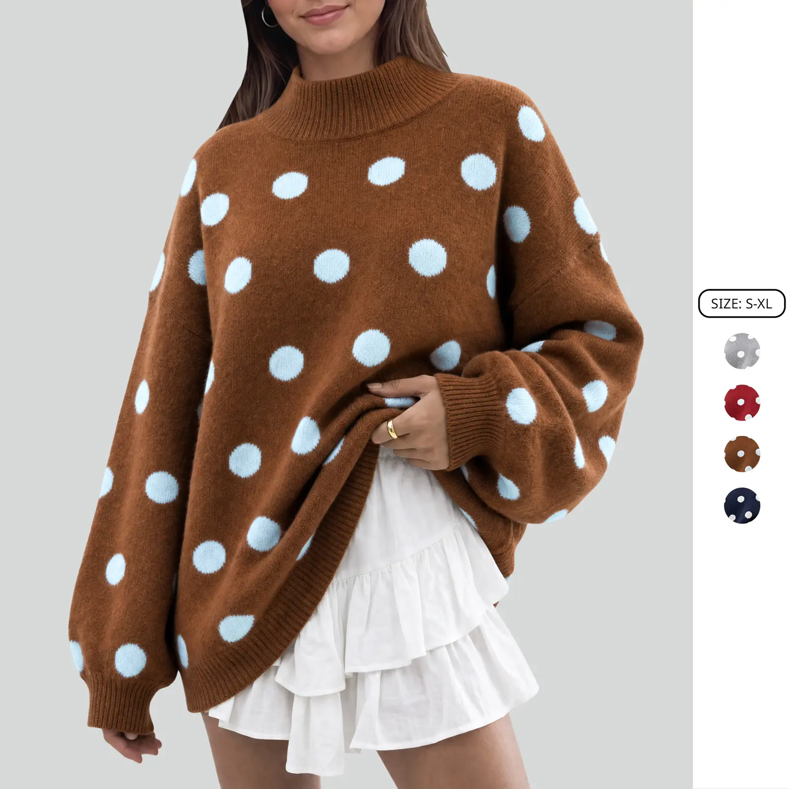 Imily Bela Oversized Womens Sweaters Mock Neck Polka Dot Batwing Long Sleeve Fall Trendy Ribbed Knit Casual Tunic Sweater