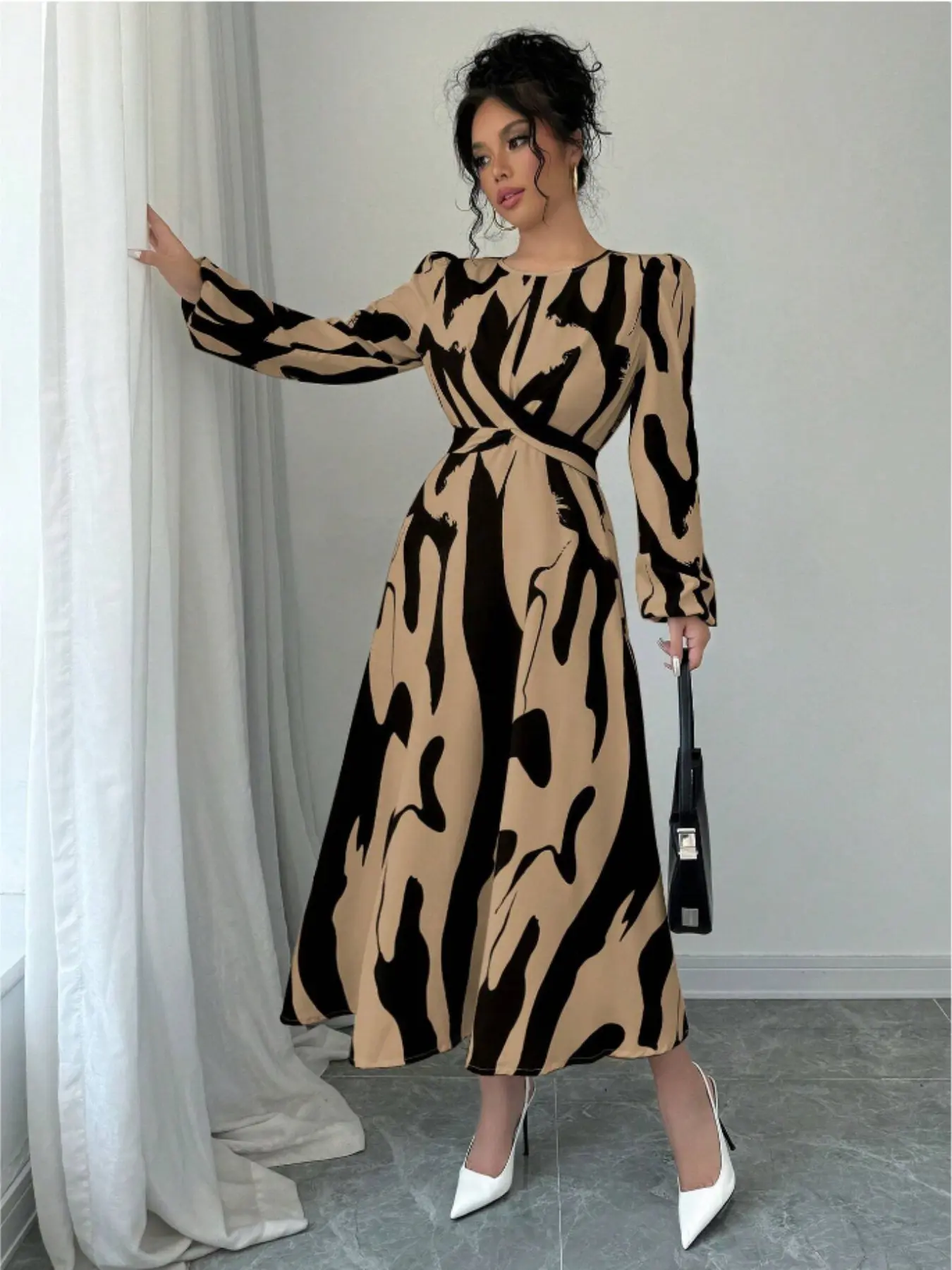 Elegant Chic Women's Long Sleeve Dress, Ink Print, Slim Fit, Waist Cinch, Midi Length, Round Neck, Casual Daily Wear, Office, Date Night, Vacation