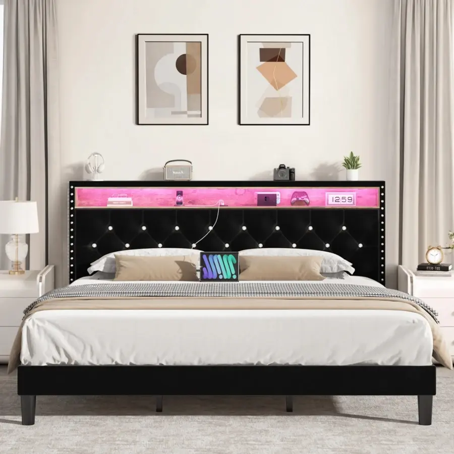 LED Bed Frame With Storage Shelf Headboard, Velvet Upholstered Bed Frame With Charging Station, Modern Bed Frame With Diamond Tufted Headboard, No Box Spring Needed, White/ Black, Full/ Queen/ King  (USB LED Strip)