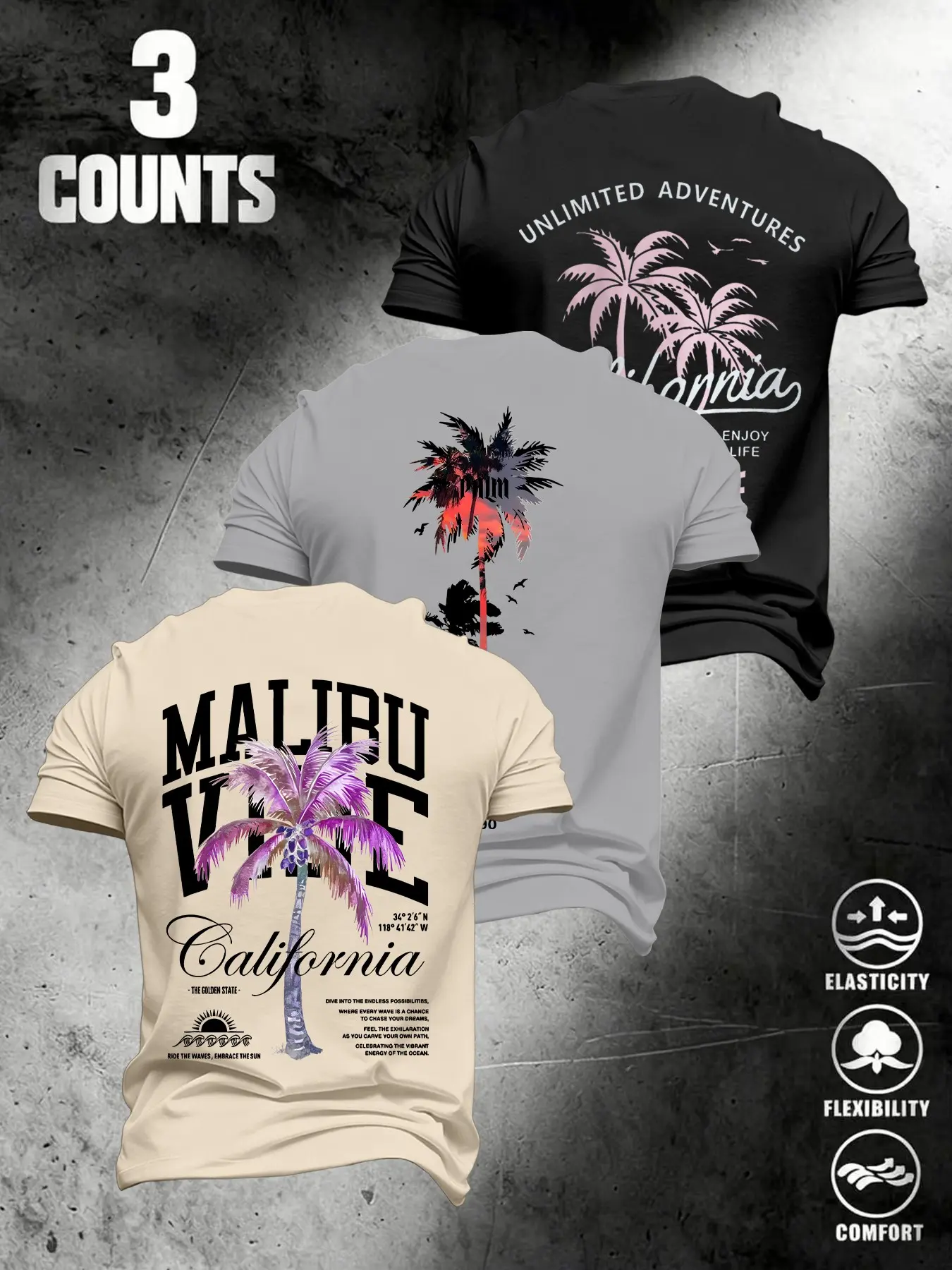 3-Pack Men's American California Palm Print Short Sleeve T-Shirts, Apparel T Shirt, Base Vacation Style Streetwear Casual Tops, West Coast Surf Wear