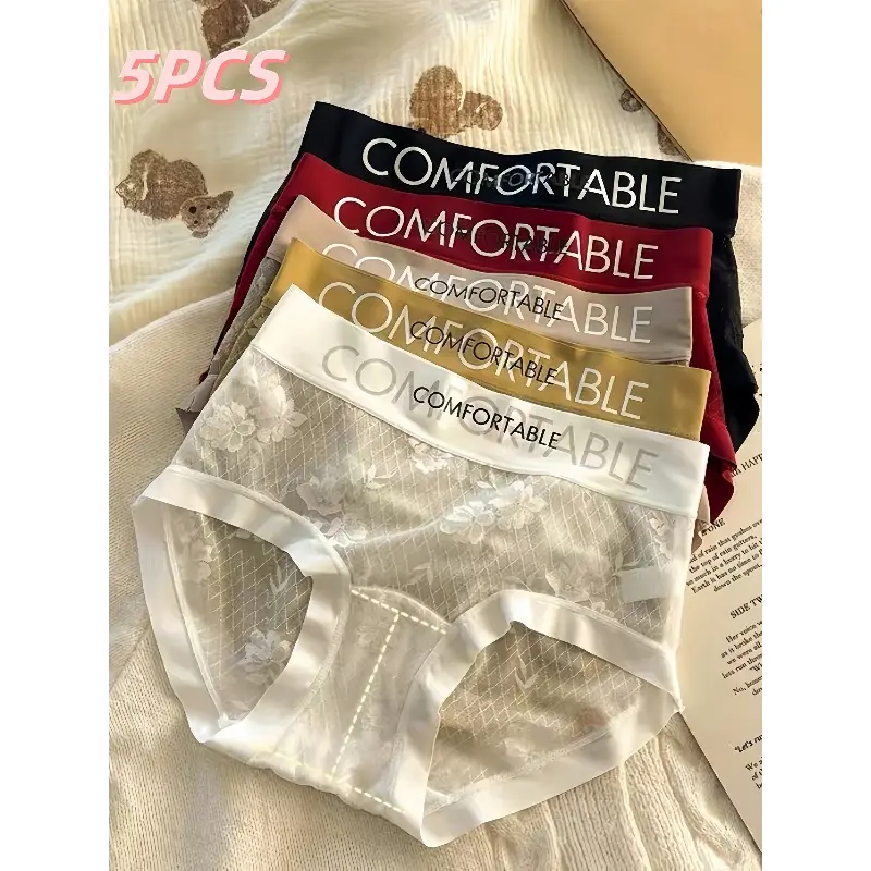 5pcs Women's Ultra-Thin Seamless Lace Panties - Extended Silky Crotch, Mid-Rise, Breathable & Odor-Resistant Underwear with Floral Lace Design, Comfortable & Soft for Casual Attire, Sexy Style with Alphabet Pattern, Pantie