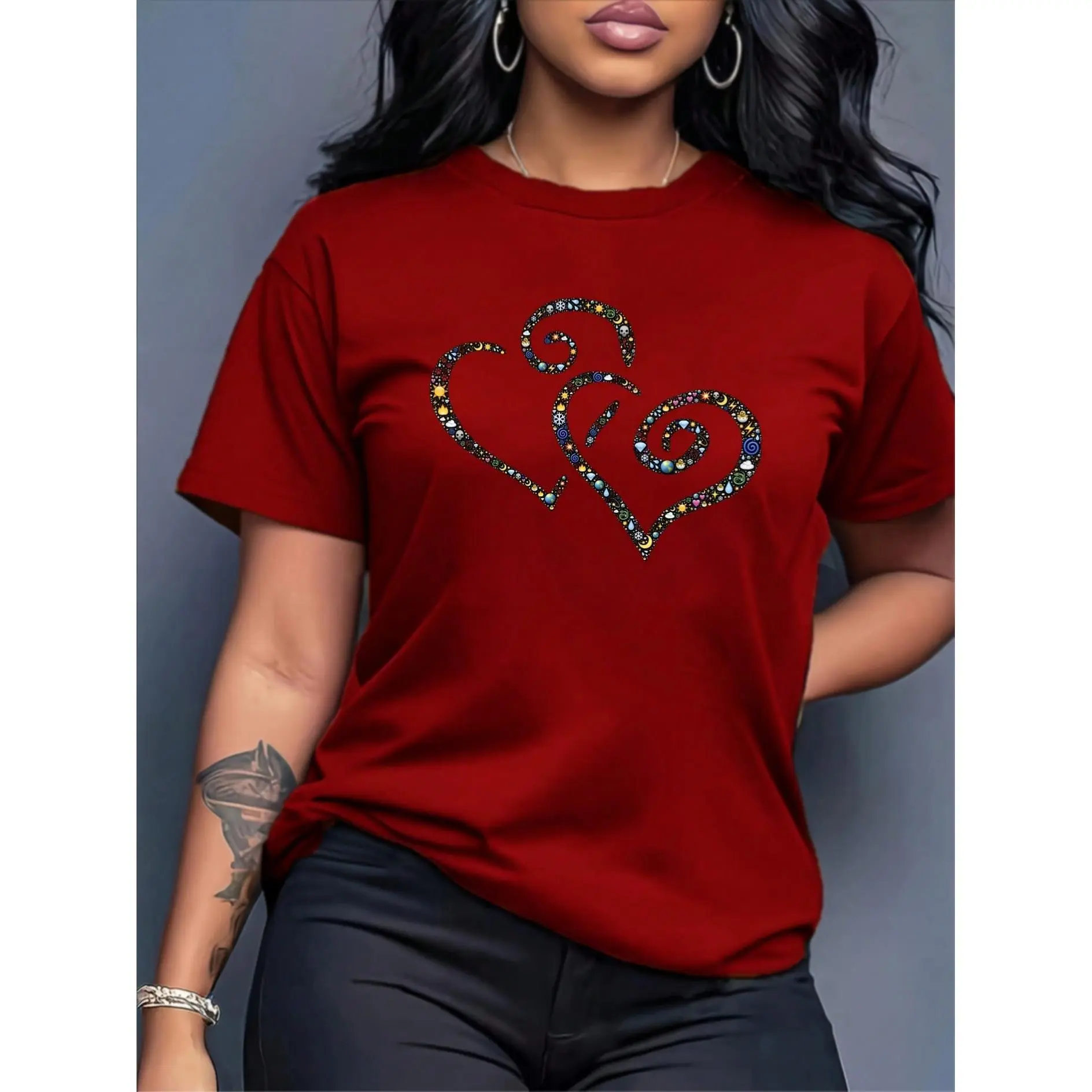 Plus Size - Women's Heart Print Short Sleeve T-Shirt With Imitation Rhinestone Heart Print, Round Neck, Elegant And Romantic Summer Wear- 1XL-5XL