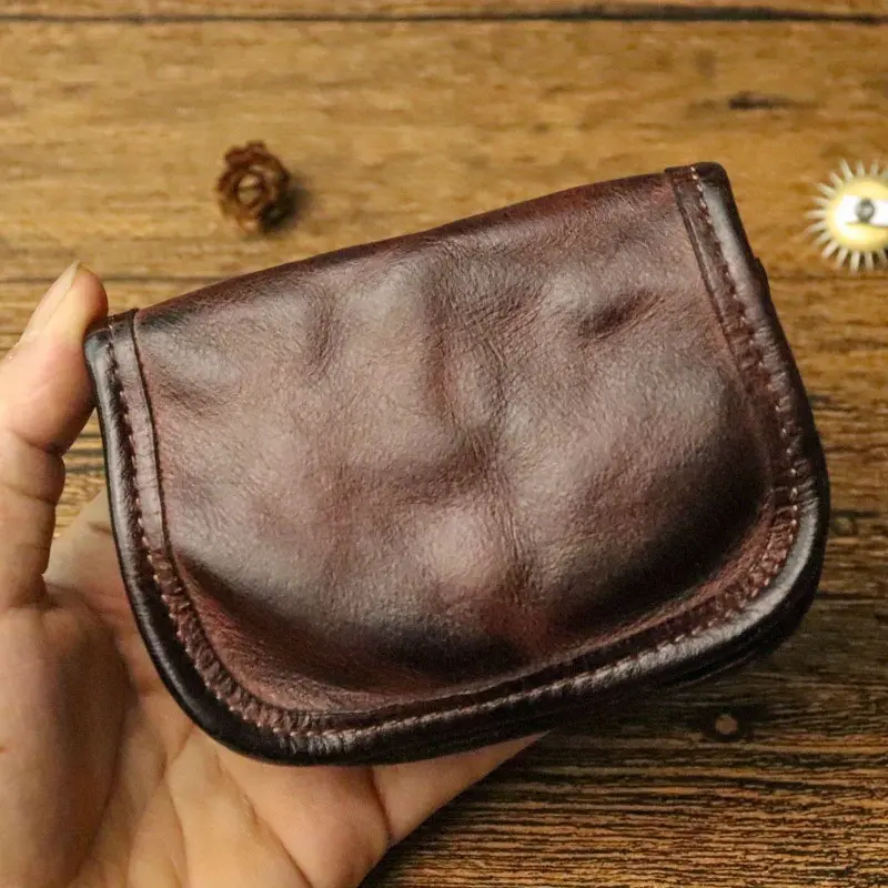 Handmade Cowhide Leather Card Wallet For Men Mini Genuine Leather Coin Purse Pouch
