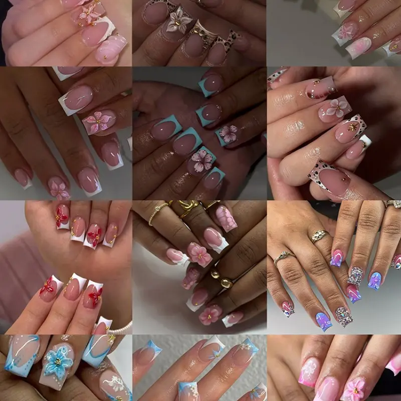 288pcs Short Square Press-On Nails, 3D Blue Gel Flower Design, Medium Size, Acrylic Material, Perfect for Daily Use & Parties