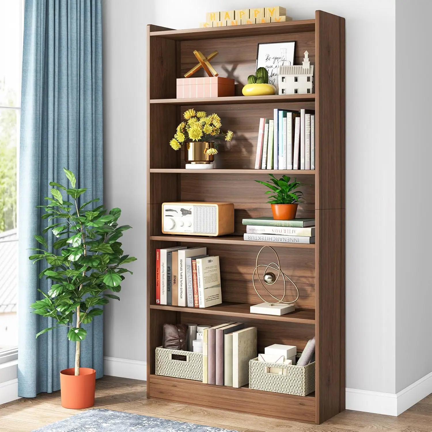 LustreC 72-in Tall Modern 6-Tier Rectangular Brown Particleboard Bookcase, 35.43”L*11.81”W*72.04”H, 35.5kg/78.3lbs, Waterproof Melamine Finish, Anti-Dump Kit, Open Storage Shelving Unit, Assembly Required for Bedroom, Office, 132 Lbs Total