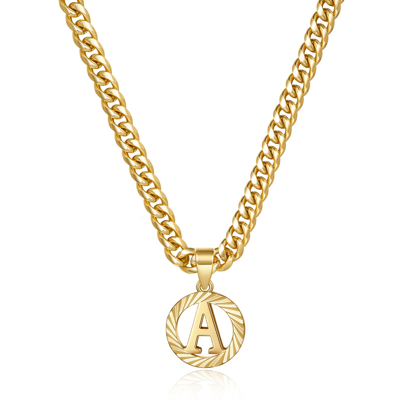 [Round Initial Necklace For Women Men]Alphabet Letter Pendant Hollow Monogram Dainty Jewelry 5mm Cuban Chain Necklace L07