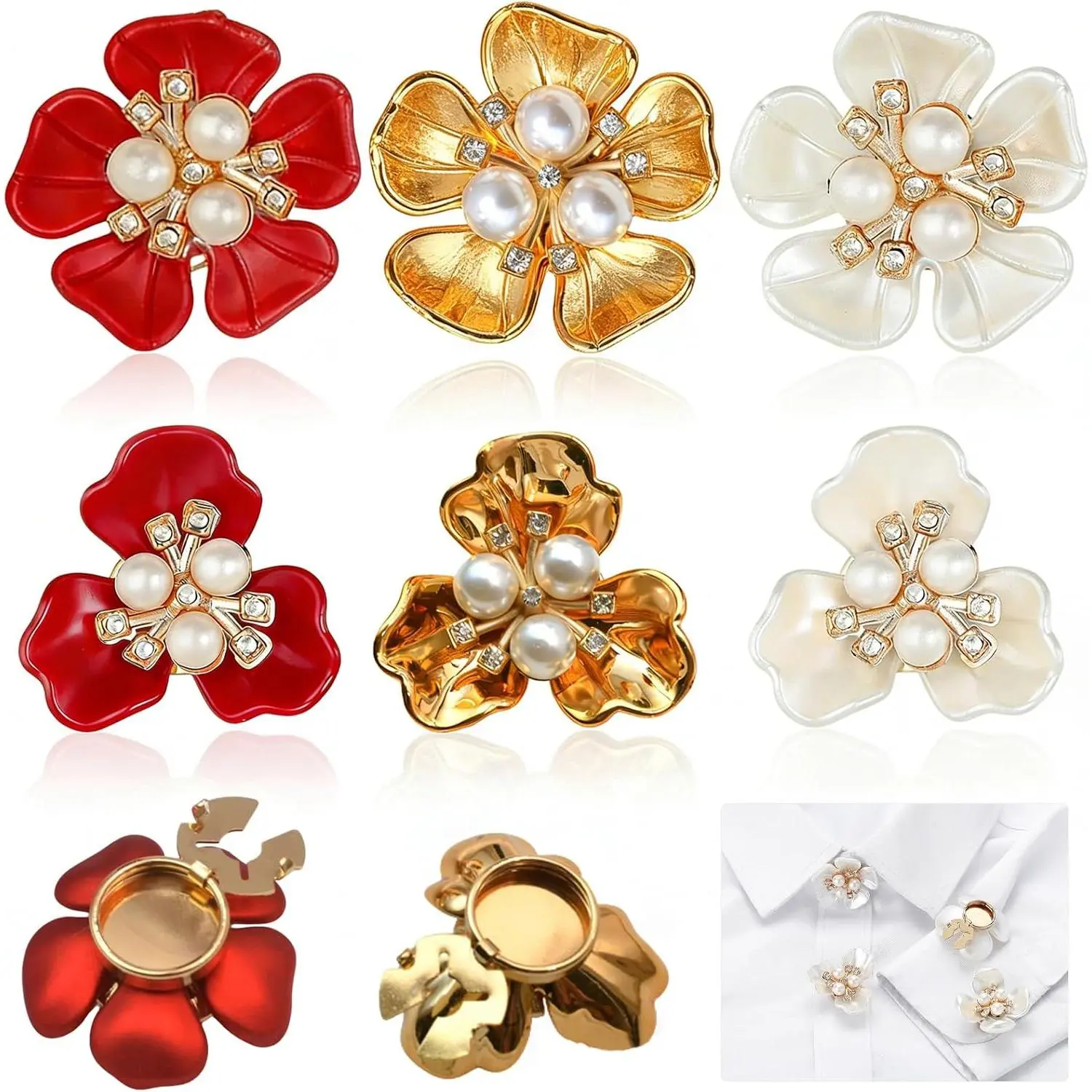 6 PCS Flower Button Covers Shell Pearl Floral Cuff Link Replacement Buttons Detachable Cufflinks Brooches Pins for Women Men Sewing DIY Decorative for Dress Shirt Tuxedo Blouses Dresses (2 Styles)