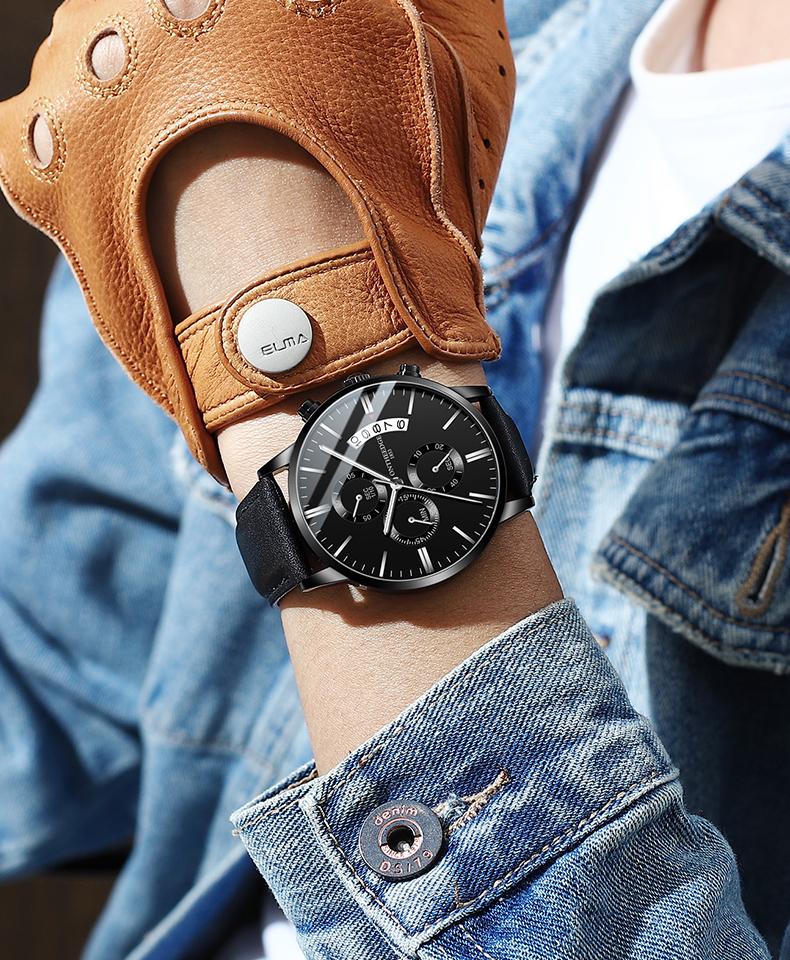 Men's Luxury Black Chronograph Quartz Watch - Leather Strap Wristwatch with Date, Multi-Function Subdials, Luminous Hands, Business Casual Dress Watch, Perfect Gift for Him