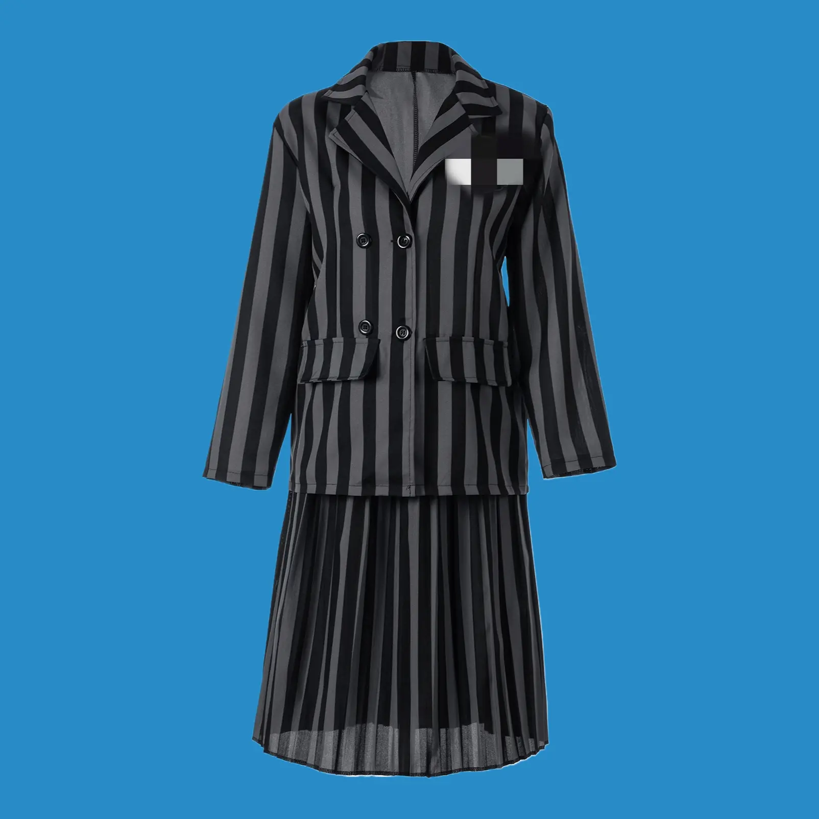 Women's Gothic Collared Neck Suit Dress - Wednesday Addams Inspired Aesthetic Cosplay Costume, Screen-Accurate Polyester Outfit with Lace Collar, Headband, Black Wig & Pale Makeup Accessories for Halloween Party