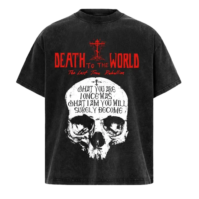 Loose Fit Washed Cotton T shirt Full Gothic Skull Death To The World Text Front Graphic Casual Top For Outdoor Picnic Road Trip Daily Street Outfit Men Women