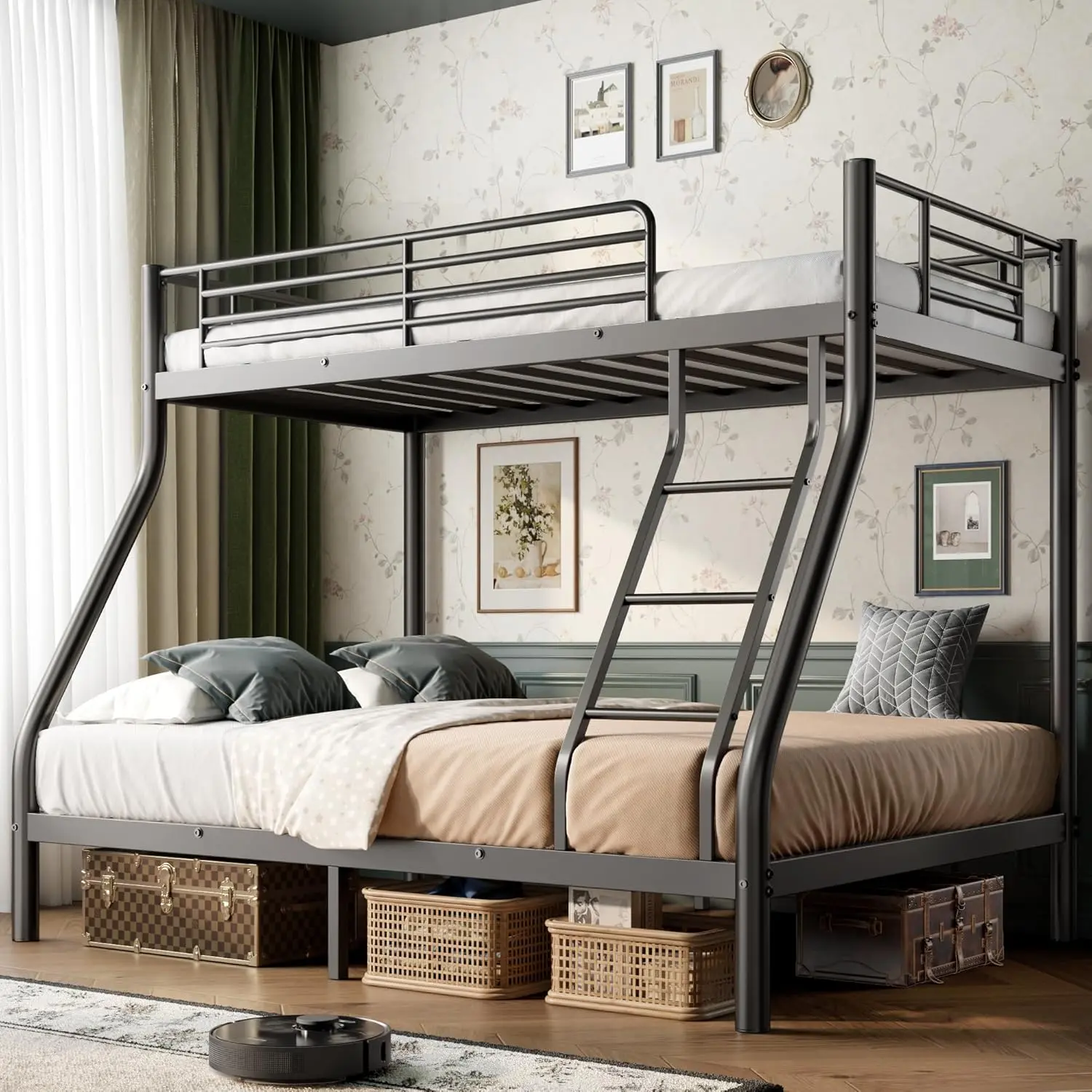 Loft Bunk heavy-duty Beds Twin Over queen Full Size loft beda , high guardrail Heavy Duty Bunk Beds with Bottom Space &  Metal Bunk Bed Frame for Adults Dorm Bedroom Guest Room, No Box Spring Needed  sturdy structure safety ladder sturdy steel bed