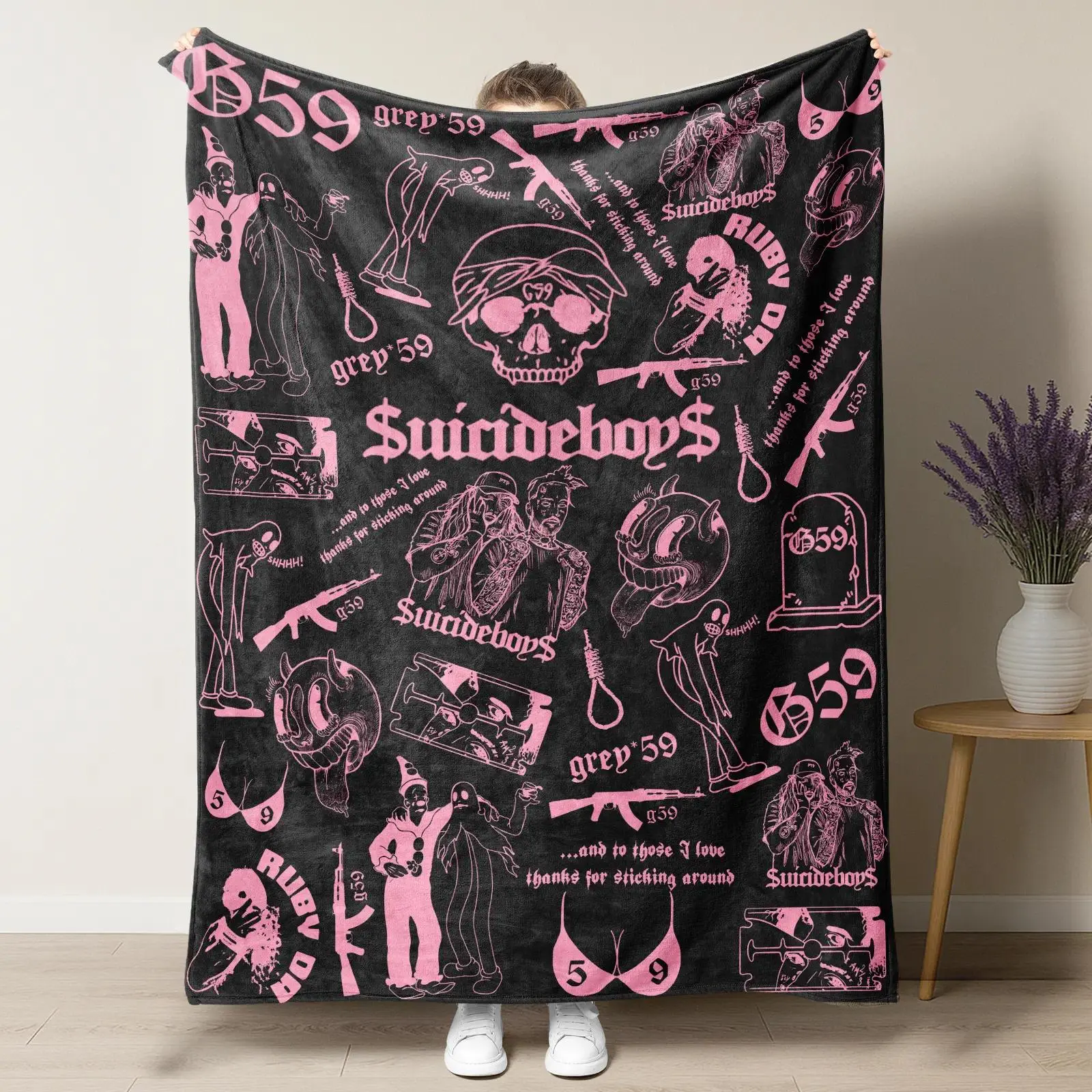 Retro Punk Full Wrap Print Flannel Throw Blanket, Premium Soft Fleece Pink Black Horror Skull & Clown Art, Matches cooling blankets pillows couch cover for sofa bedding set comforter set, Versatile Sofa Nap Camping Collectible Gift For Horror Fans