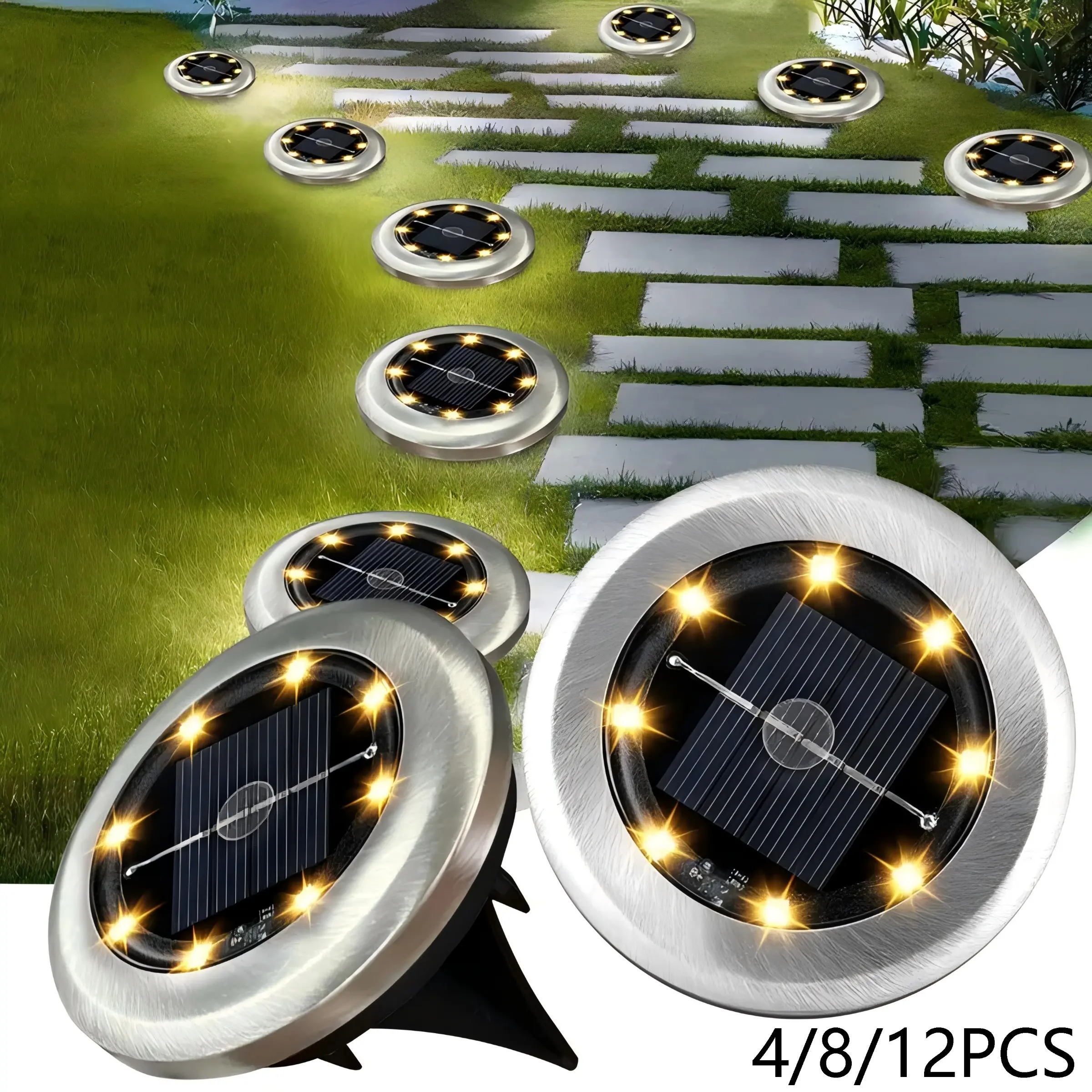 Solar ground lights, Lawn Lights, Pathway Lights, Pathway Lighting, Outdoor Pathway Lights Solar Powered, Featuring Automatic On/Off Switching and Waterproof Design. Ideal for Paths, Courtyards, Patios, Lawns, Pools, and Sidewalks (4/8/12-Pack)