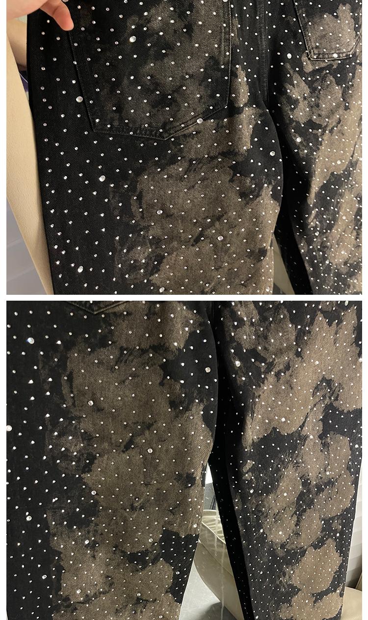 Parisian Sle Heavy Du Rhinestone Rivet Denim Jeans Loose Straight Leg Wide Leg Pants ex American Retro Trendy Brand