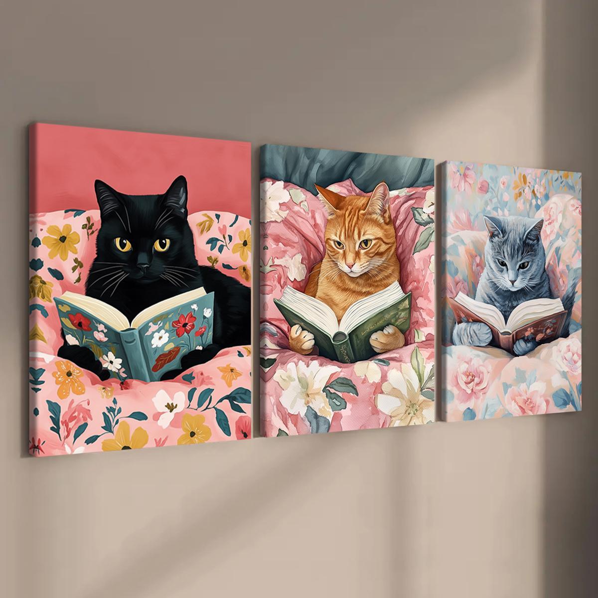Cat Reading Book Pattern Canvas Painting with Frame, 3 Counts/set Colorful Animal Reading, Wall Decor for Home Living Room Bedroom Office Hanging Wall Art