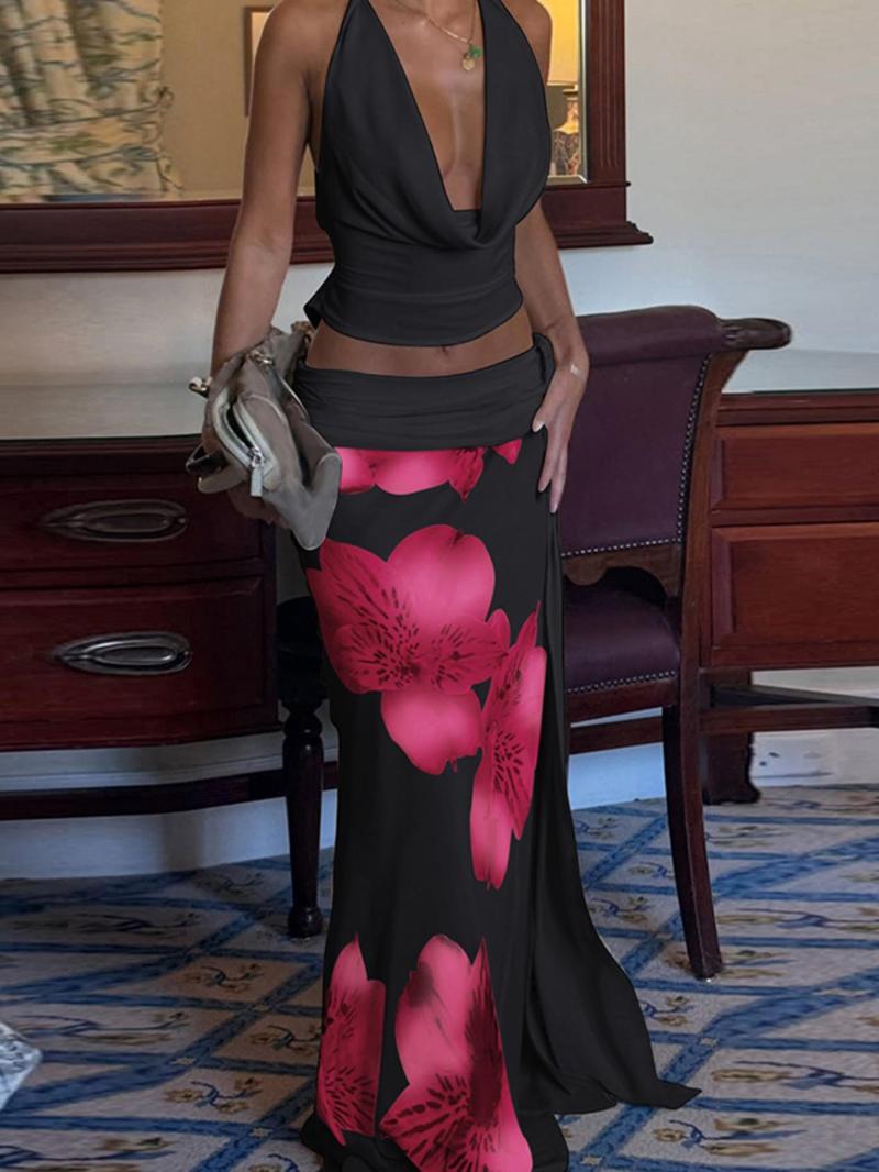 Women's Backless Halter Top & Floral Print Skirt Two-piece Set, Sleeveless Top & Skirt Set, Ladies Summer Clothes Beach Outfits Set for Beach Holiday Vacation