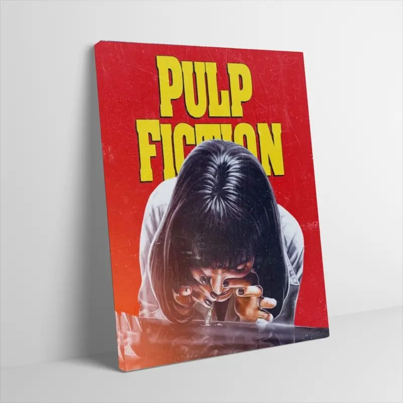Pulp Fiction Uma Thurman Poster Canvas Wall Art Classic Crime Movie Mia Wallace Red Background Photo Print Retro Aesthetic Artistic Film Wall Decor for Living Room Bedroom Man Cave Unframed