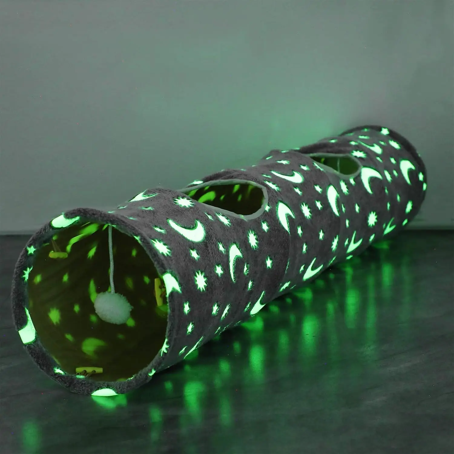 Tunnel Tube with Plush Ball Toys Collapsible Self-Luminous Photoluminescence, for Small  Pets Bunny Rabbits, Kittens, Ferrets,Puppy and Dogs Grey Moon