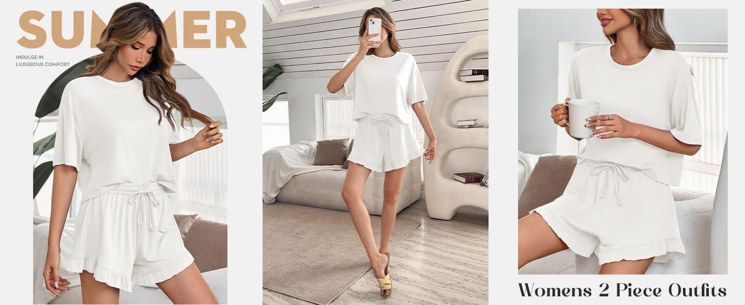 Imily Bela Womens Pajamas Set Lounge Sets Cropped Short Sleeve T Shirts Drawstring Ruffle Shorts Soft Sleepwear SpringStatements