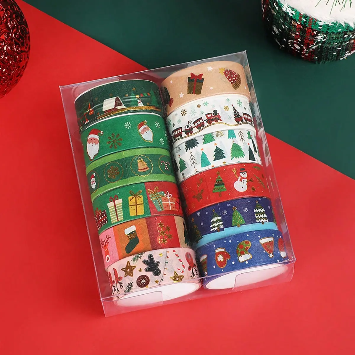 A set of 12 rolls of golden embossed Christmas and washi tape, cute cartoon style, creative tape suitable for DIY decoration of holiday notebooks
