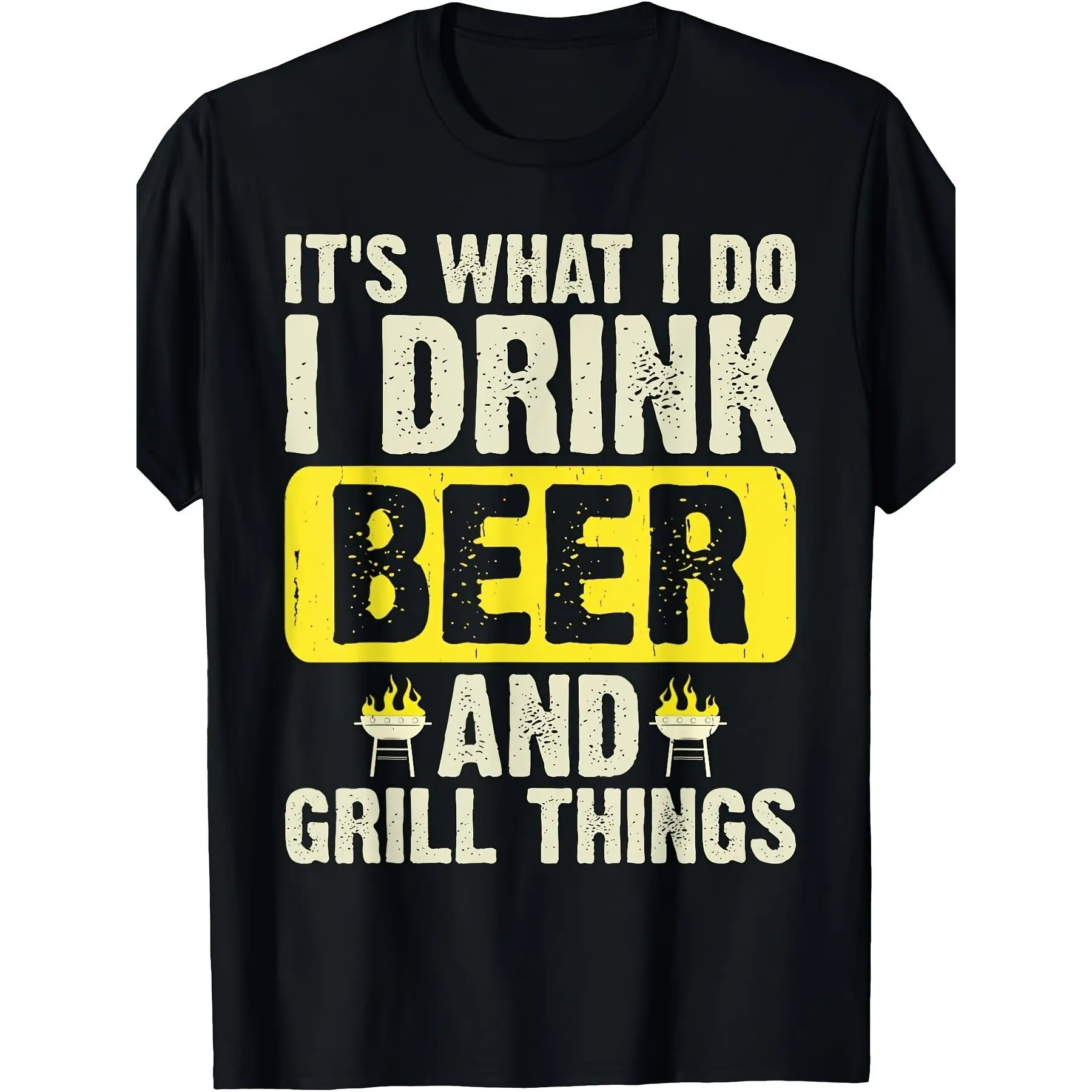 Men's Funny BBQ Beer T-Shirt - Humorous "I Drink Beer & Grill" Print Short Sleeve Shirt, Soft Breathable Round Neck Tee Suitable for Outdoor Grilling Parties, BBQ Events & Casual Wear, Machine Washable for All, PLUS SIZE