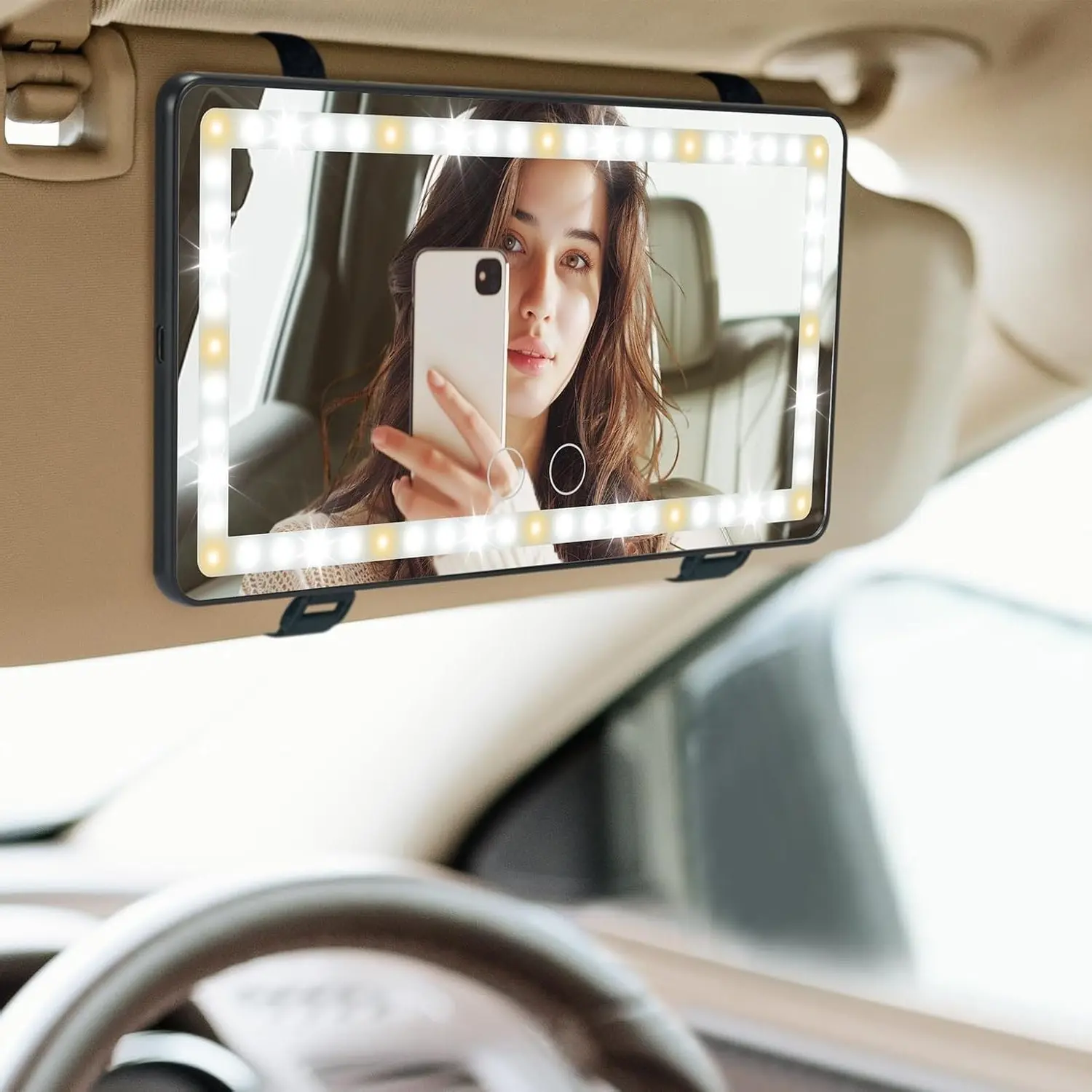 Car Sun Visor Vanity Mirror with Lights, 3 Light Modes & 60 LEDs, Rechargeable Dimmable Touch Control Travel Makeup Mirror for Truck SUVGift